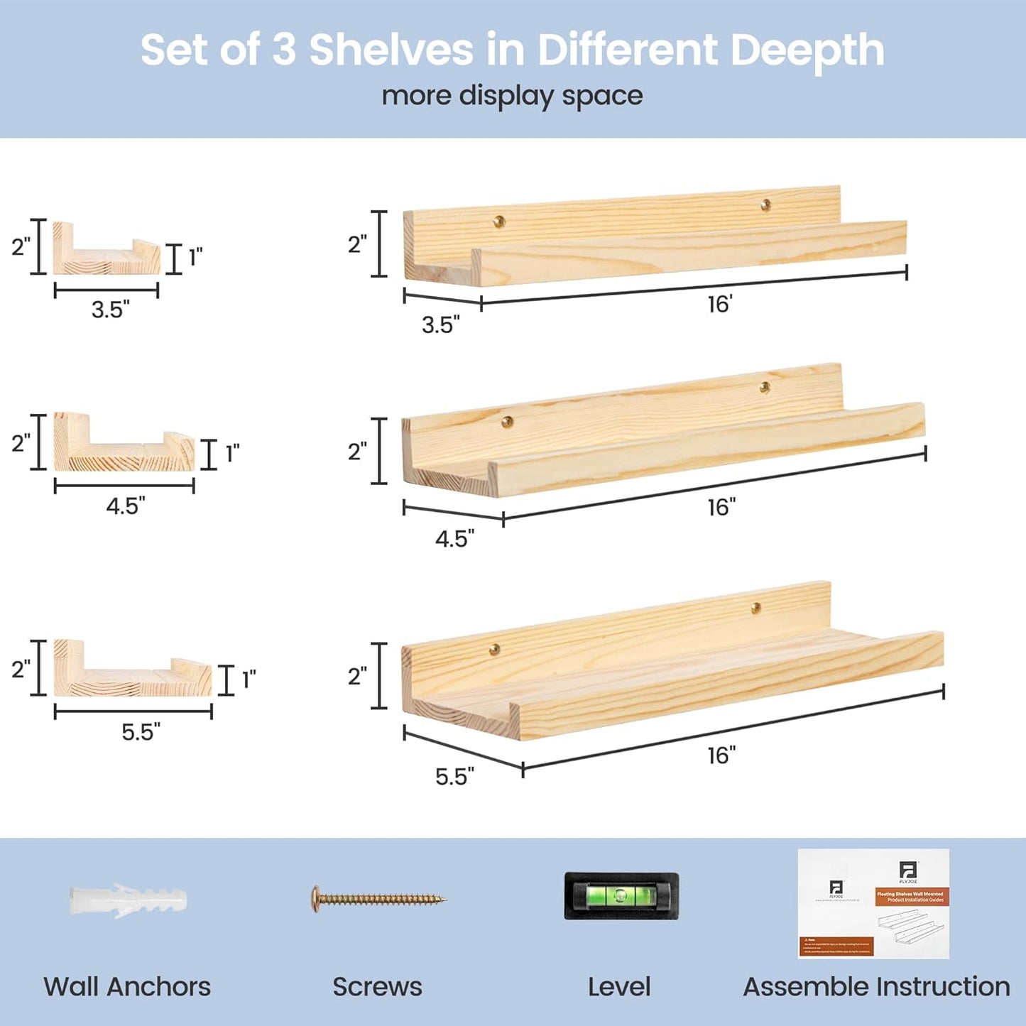 Picture Ledge Shelf for Wall, 16 inches Solid Pine Wood Nursery Book Shelves 3 Packs, Floating Ledge Shelves for Kids' Room Bedroom Bathroom Living Room Photo Frames Office Nursey Wall Decor, Natural