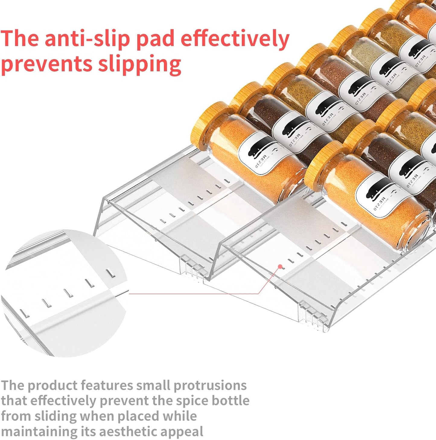 4-Tier Non-Slip Spice Drawer Organizer, 4-Pack Checkered Frosted Clear Acrylic, Expandable (11''-22'') Spice Rack for Kitchen Drawer Storage – Holds Seasonings, Herbs, and Spices (Jars Not Included)