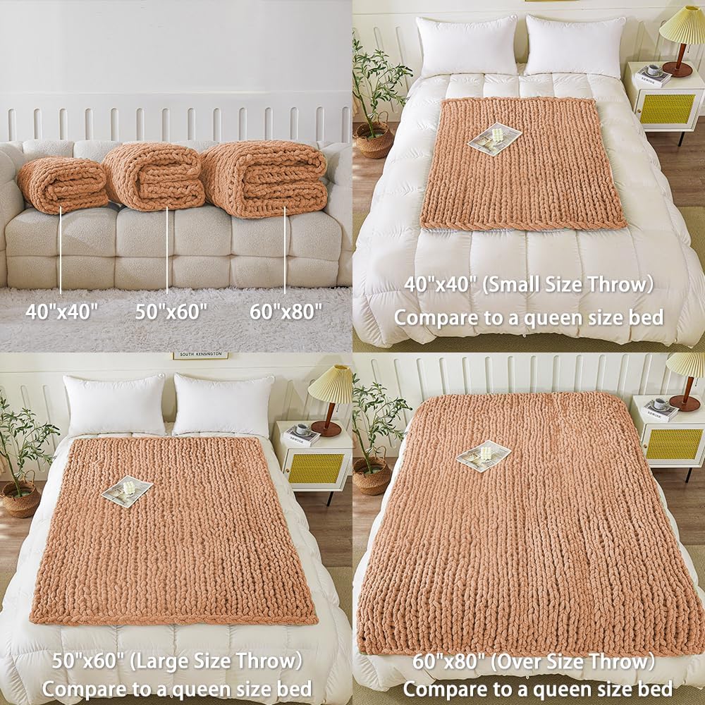 WESHIONGOO Chunky Knit Blanket Throw Knitted Throw Blankets for Couch Bed Fluffy Soft Blanket with Jumbo Chenille Yarn Thick 100% Handmade(Peach Fuzz, 50"×60")