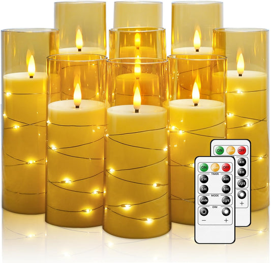 Flickering Flameless LED Candles,Battery Operated Candles 9 Pcs with Embedded Star String,Acrylic LED Pillar Candles with Remote,Suitable for Home Decoration to Create an Atmosphere（Gold）