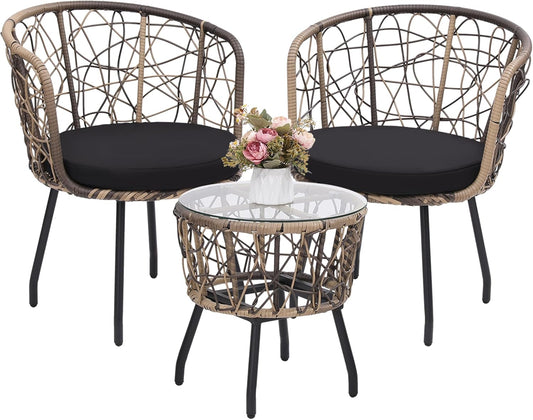 Kromax 3 Piece Bistro Set, Modern Outdoor Wicker Patio Furniture with Tempered Glass Table Top and 2 Chairs, Washable Cushions, Natural Rattan and Black Cushion