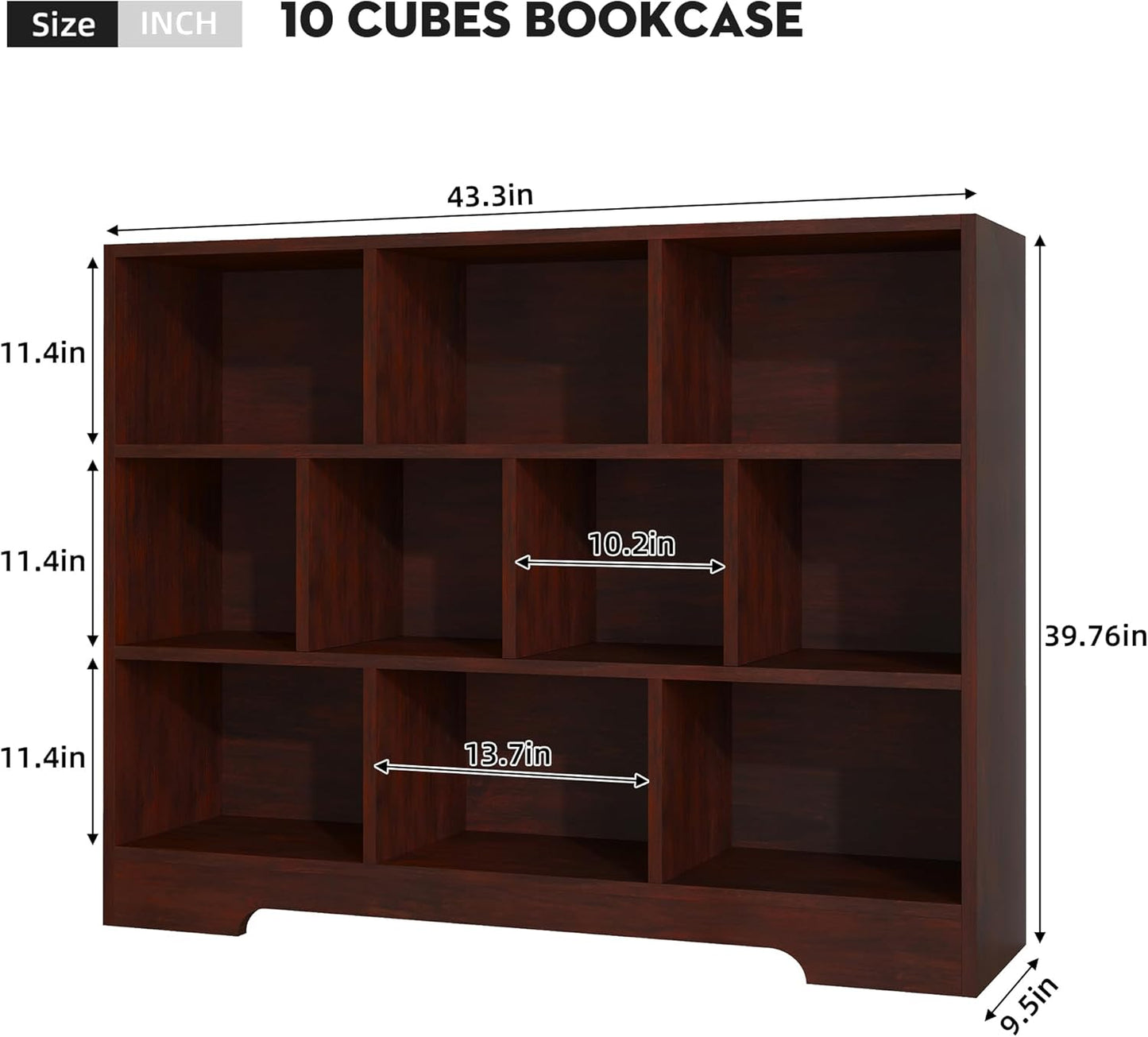 Book Shelf, 10 Cubes Storage Organizer, 3-Tier Open Shelf Wooden Bookcase, Freestanding Cherry Bookshelf Cube Shelf for Bedroom, Living Room, Home Office
