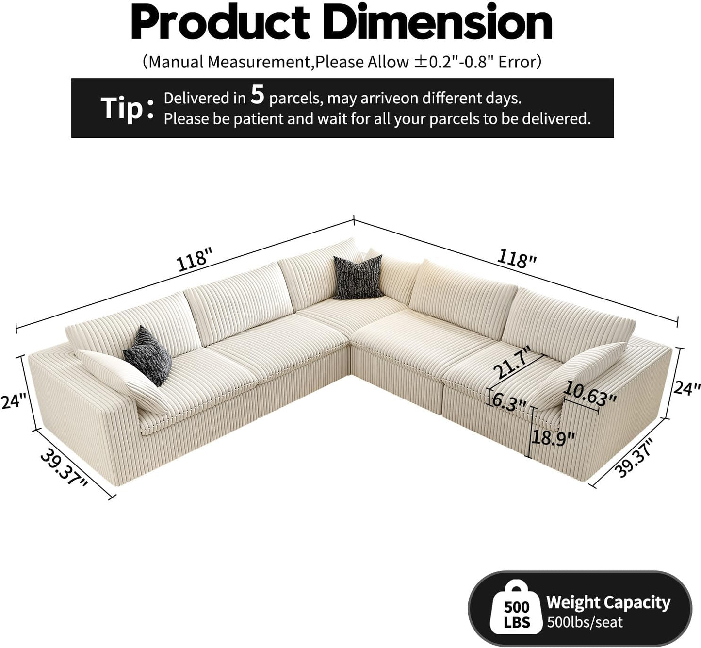 118" Cloud Couch Oversized Modular Sectional Sofa for Living Room,Modern Sofa with Deep Seat，V Shaped Boneless Couch,Comfy Upholstered Corduroy Couches for Apartment, Studio, Office,Bedroom，White