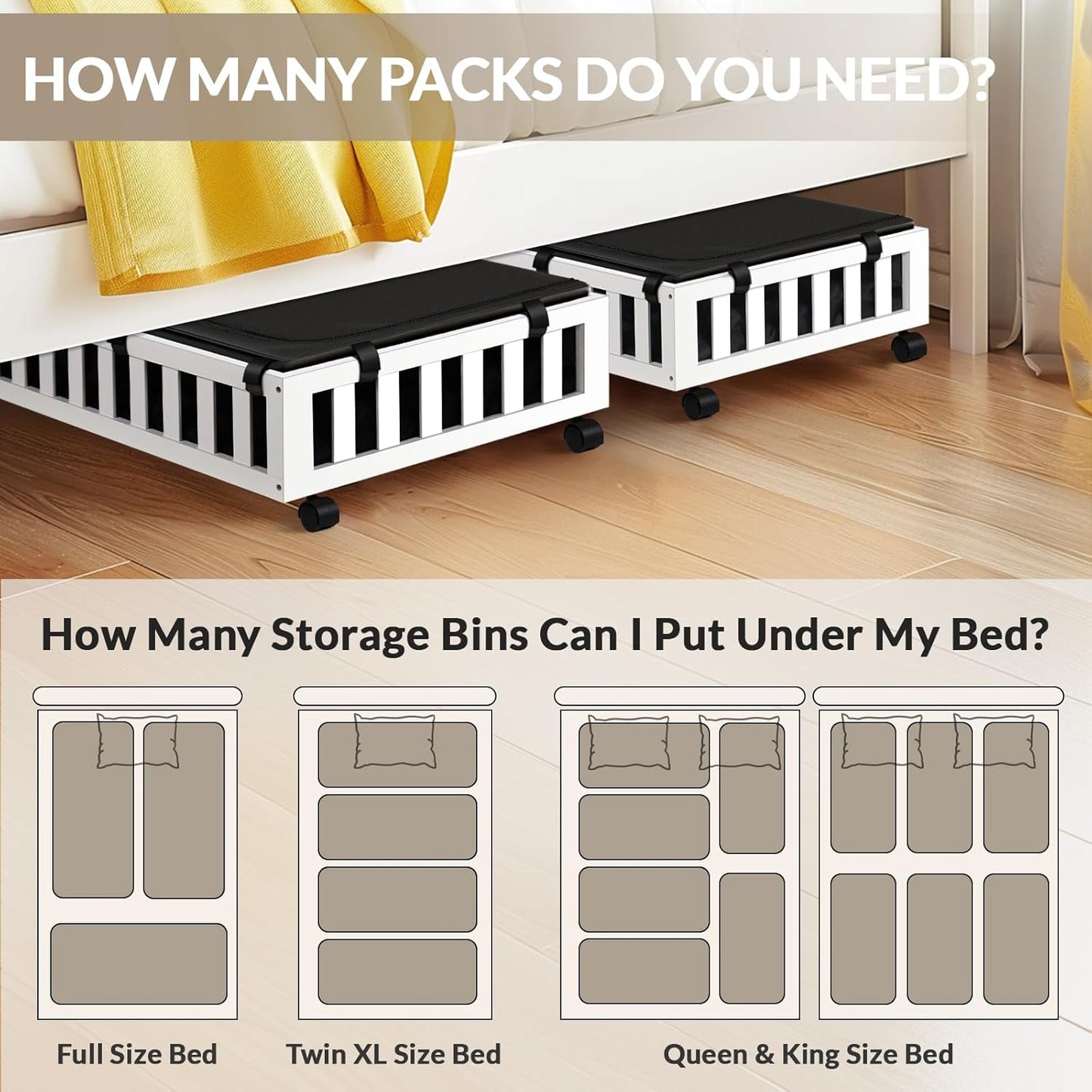 2 Pack Bamboo Under Bed Storage with Wheels, 39”x20”x7.8” Lager Under Bed Storage Containers (White)