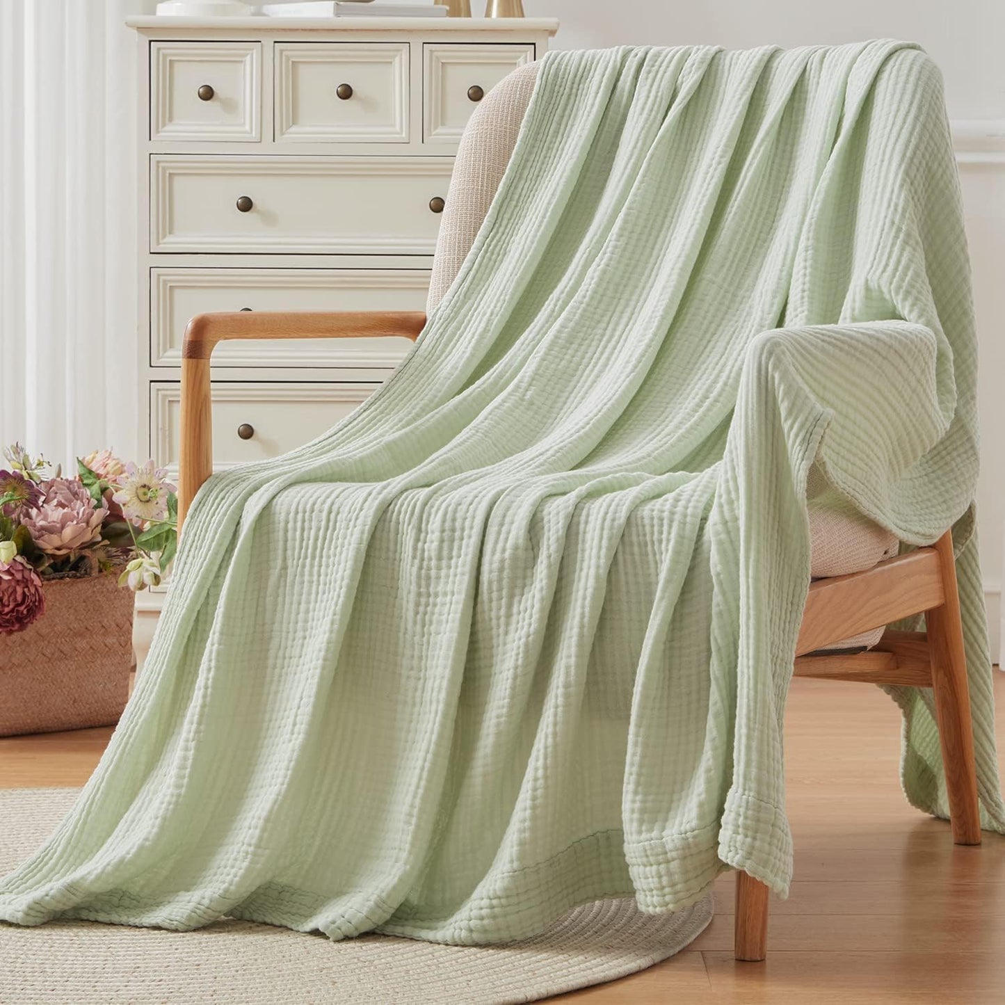 EMME Cotton Throw Blanket for Couch Soft Muslin Blankets 50"x60" Lightweight Breathable Blanket All Season Gauze Blanket, Mint Green