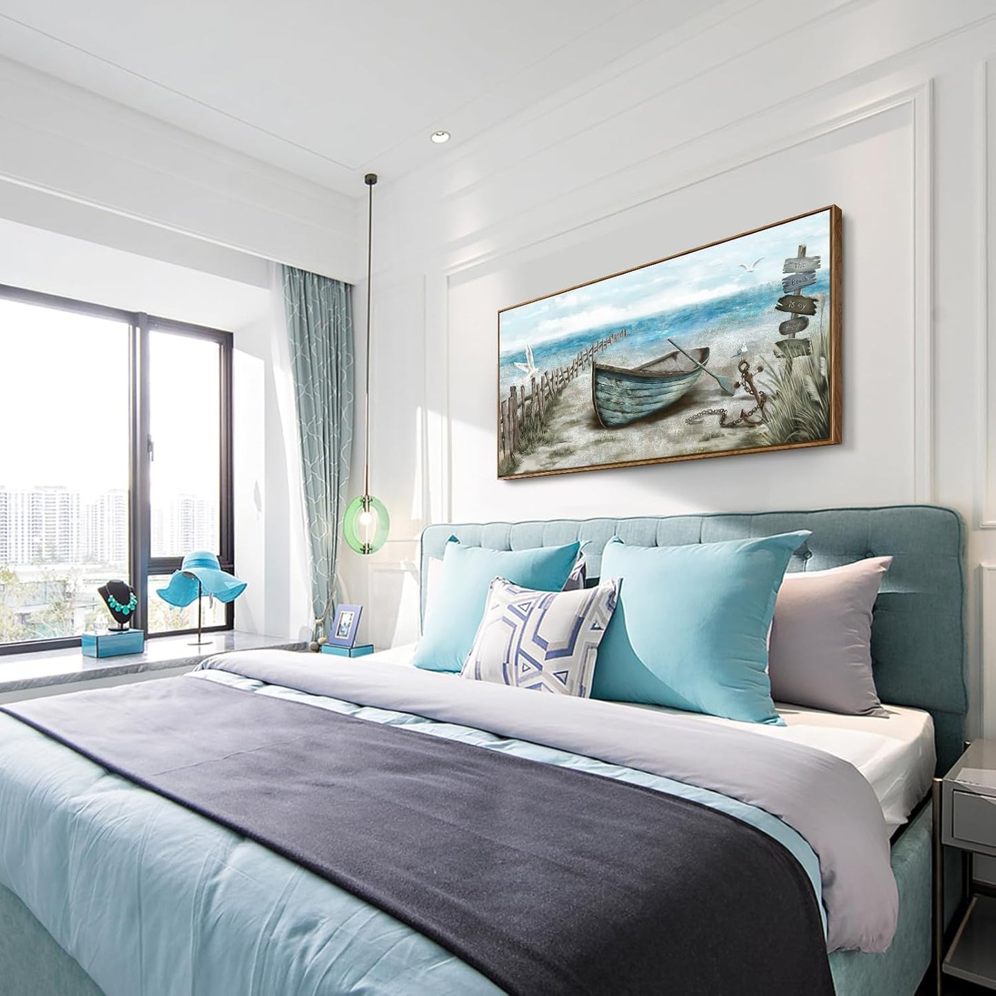 Large Framed Wall Art for Living Room Coastal Canvas Picture Seagull Vintage Boat Artwork Ocean Sea Bird Canvas Print Nautical Rowboat Blue Teal Rustic Beach Themed Farmhouse Bedroom Office Decor