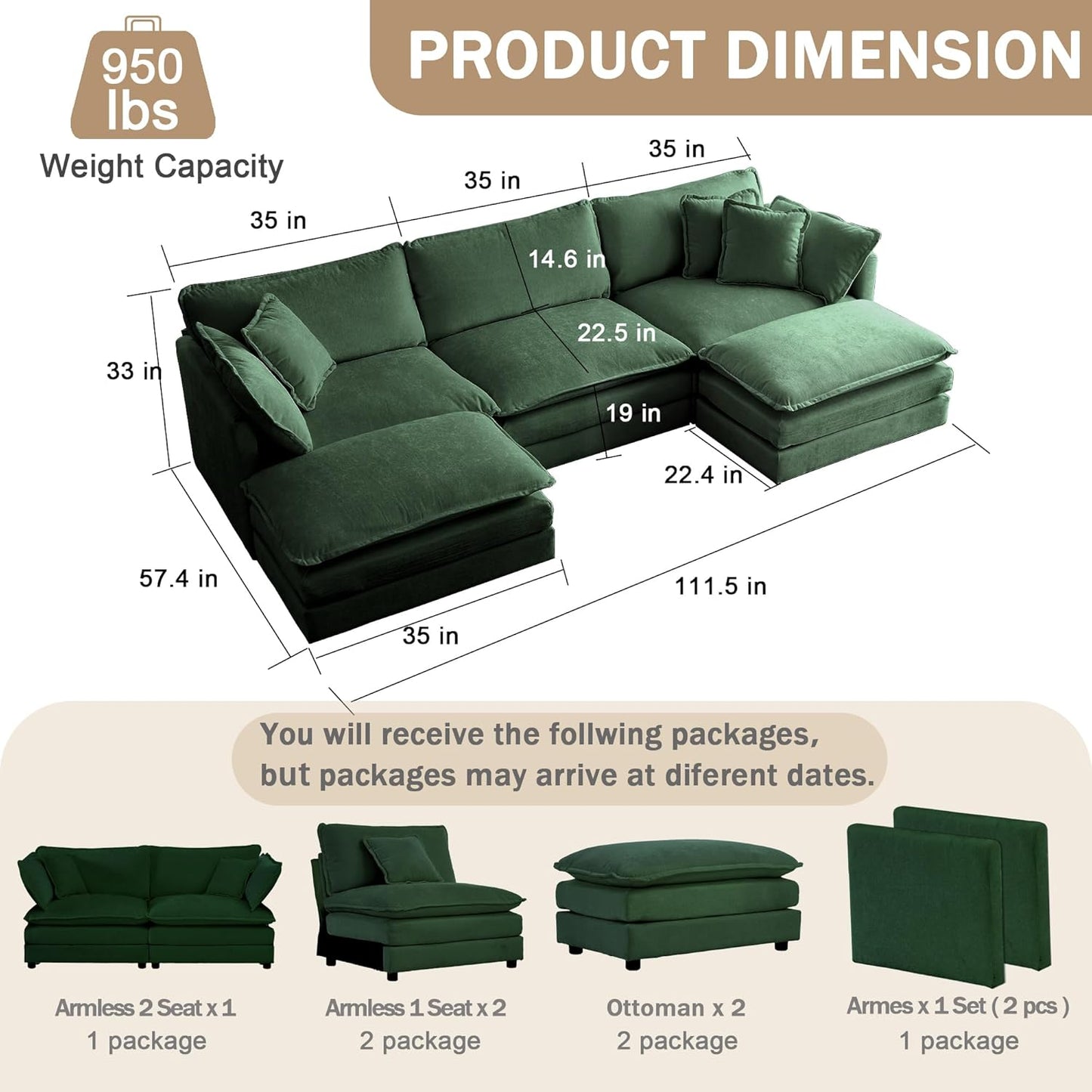 Sectional Sofa 3 Seater with Movable 2 Ottomans,Oversized Modular Couch Deep Seat (Green, 111.5 inch-U)
