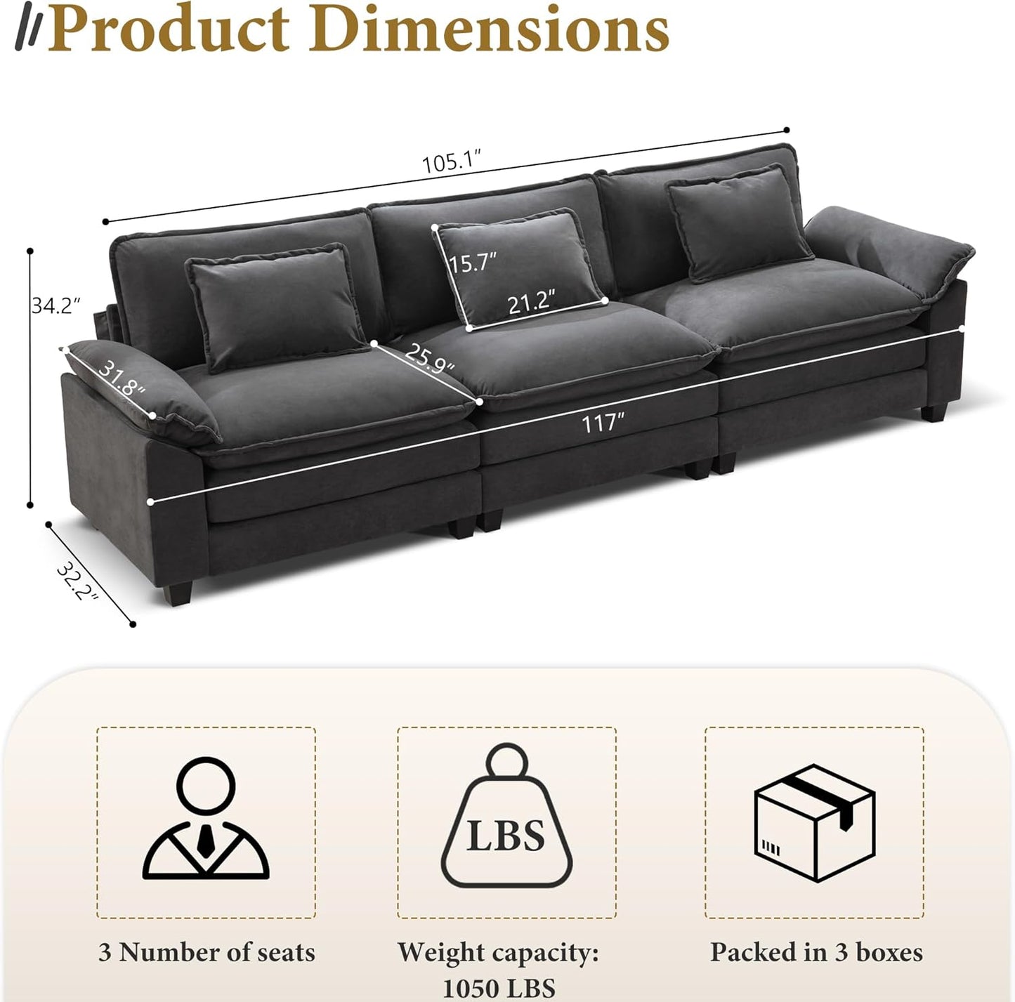 URRED Modular Sectional Sofa Comfy Cloud Couch, Modern Velvet Sofa Sleeper Deep Seat Couches with Ottoman/Pillows for Living Room (Dark Gray, 117'')