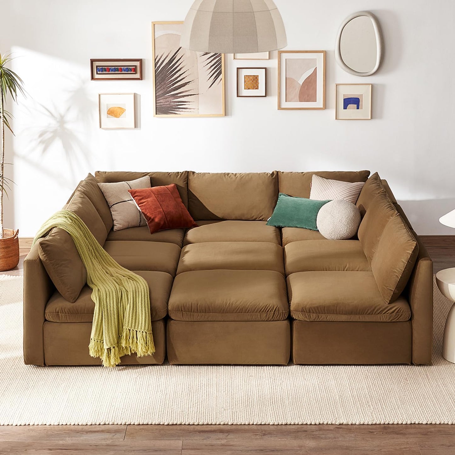 mopio Oversized Modular Sectional Sofa with Fully Removable Covers and Storage, Convertible U, L-Shaped and Sleeper Sectional, Modern Couches with Ottoman Chaise (Hazelnut Velvet, 9 Seats, Sleeper)