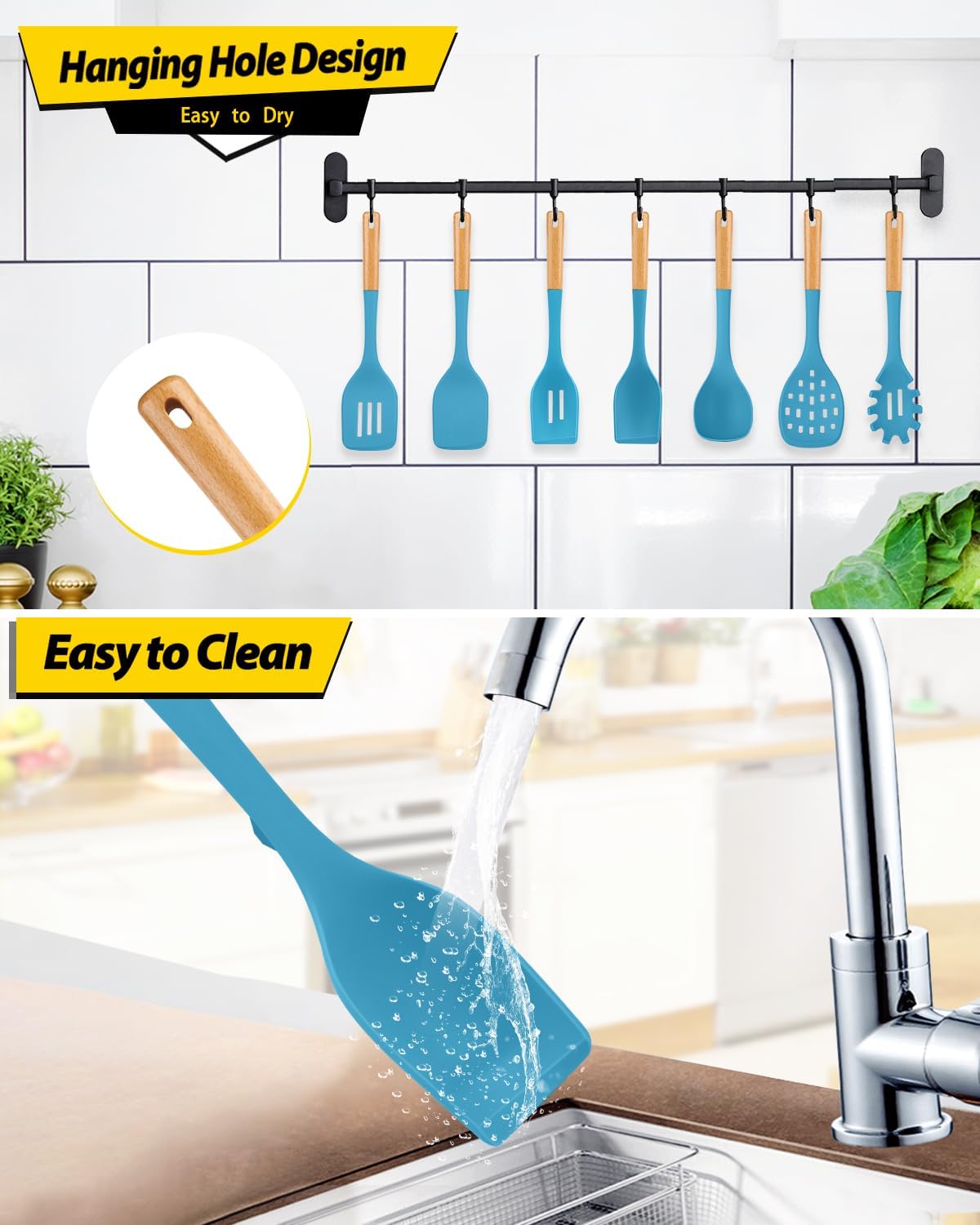 Silicone Kitchen Utensil Set for Non Stick Cookware, 7 Pcs Heat Resistant Cooking Utensils with Wooden Handle, BPA Free Kitchen Tools with Spatulas, Spoons, Skimmer and Pasta Fork (BLUE)