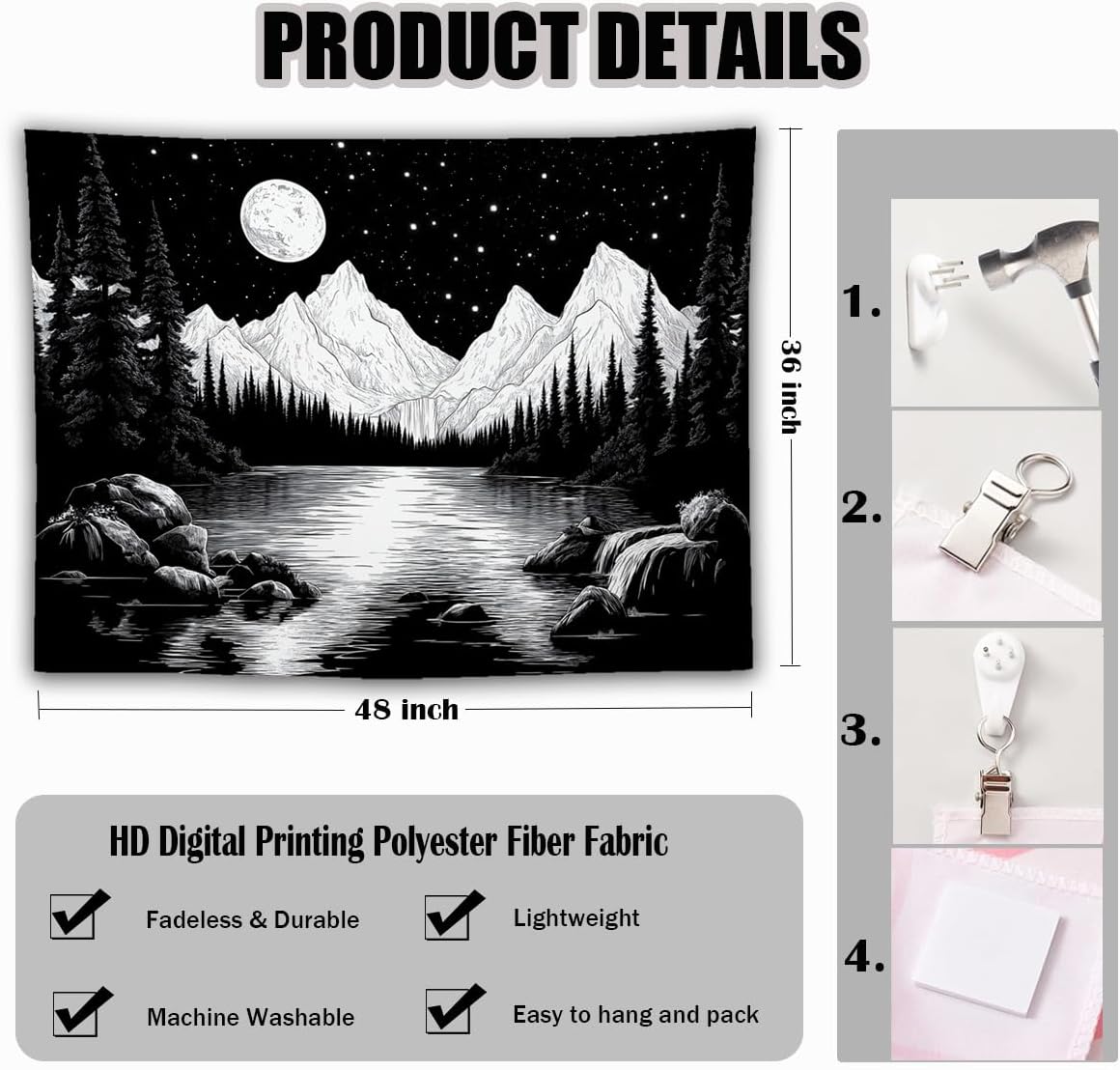 keowhsf Starry Night Mountain Lake Tapestry Black and White Tapestries Aesthetic Moon and Stars Wall Hanging Dark Nature Forest Tapestry for Bedroom Living Room Dorm Decor