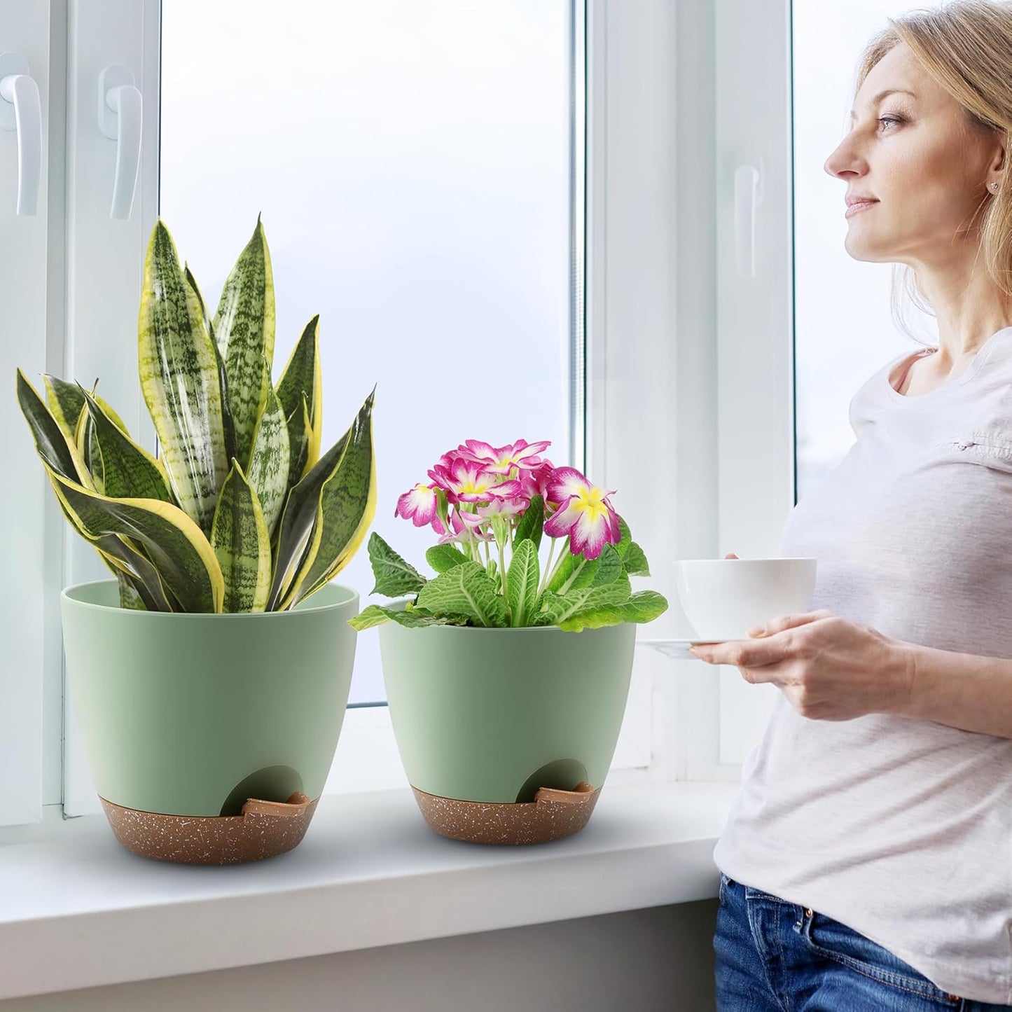 Plant Pots 12/10/9 Inch Self Watering Pots, Set of 3 Plastic Planters with Drainage Holes and Saucers,Plastic Flower Pots,Nursery Planting Pot for Indoor Out Door Plants(Green)