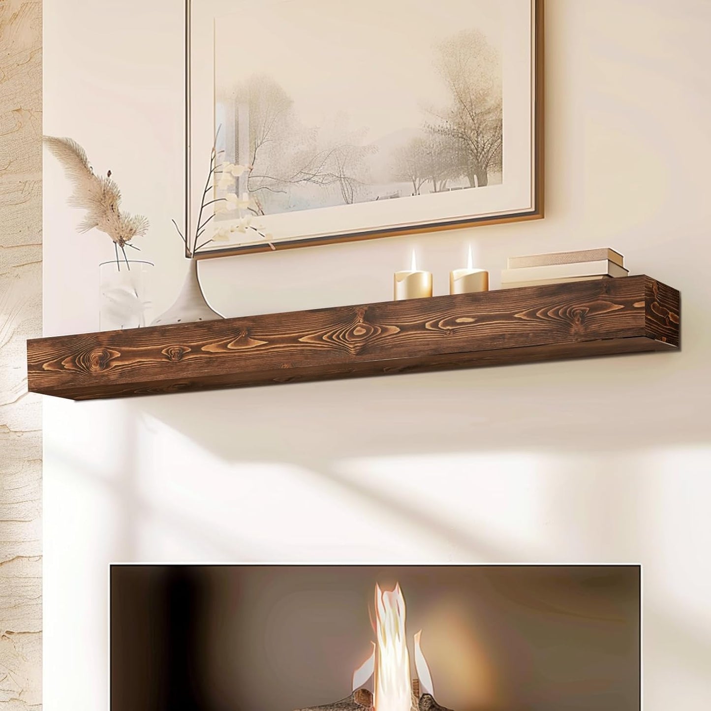 60x8x5 Fireplace Mantel - Handcrafted Hollow Rustic Solid Wood Wall Mounted Floating Shelf with Invisible Heavy Duty Wood Bracket (Weathered Brown)