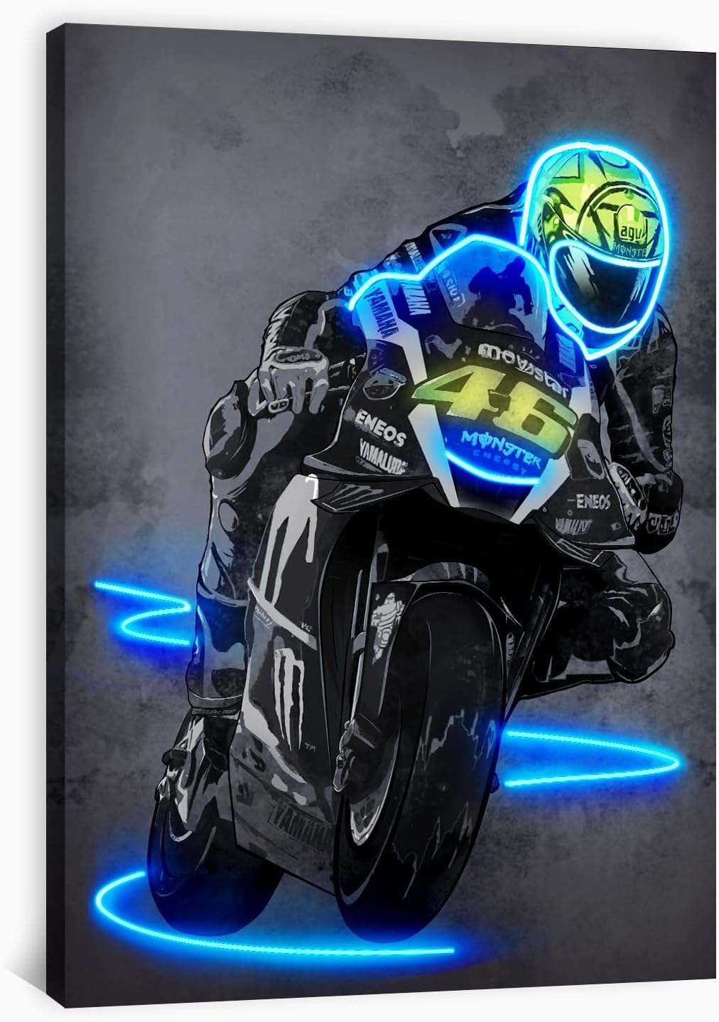 Sorventina Neon Style Blue #46 YZR-M1 Motorcycle Wall Art Posters - 16x24 Wrapped Canvas, Non-LED, Ideal Home Decor for Bedroom, Living Room, Office, Garage, or Man Cave