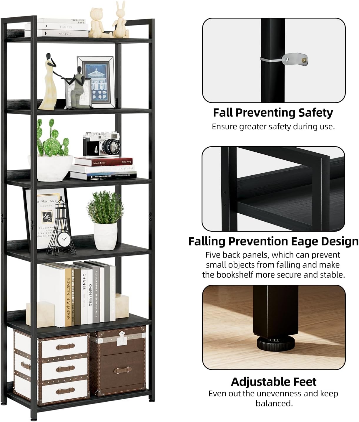 NUMENN Bookshelf, 6 Tier Bookshelves, Home Office Bookcase Shelf Storage Organizer, Free Standing Storage Shelving Unit for Bedroom, Living Room and Home Office, Black