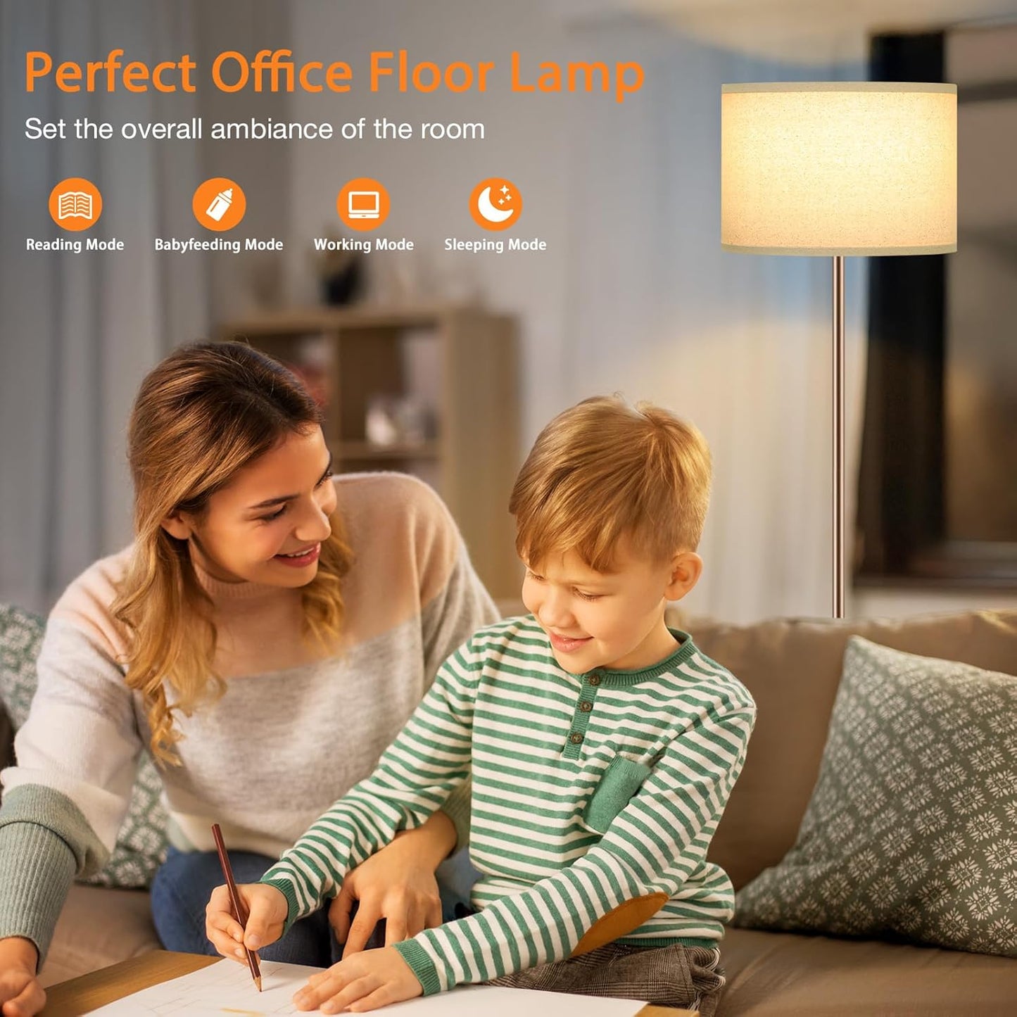 Ambimall Floor Lamps for Living Room with Remote Control and Stepless Dimmable Colors Temperature & Brightness, 9W Bulb Included(Beige Lampshade & Brown Pole)