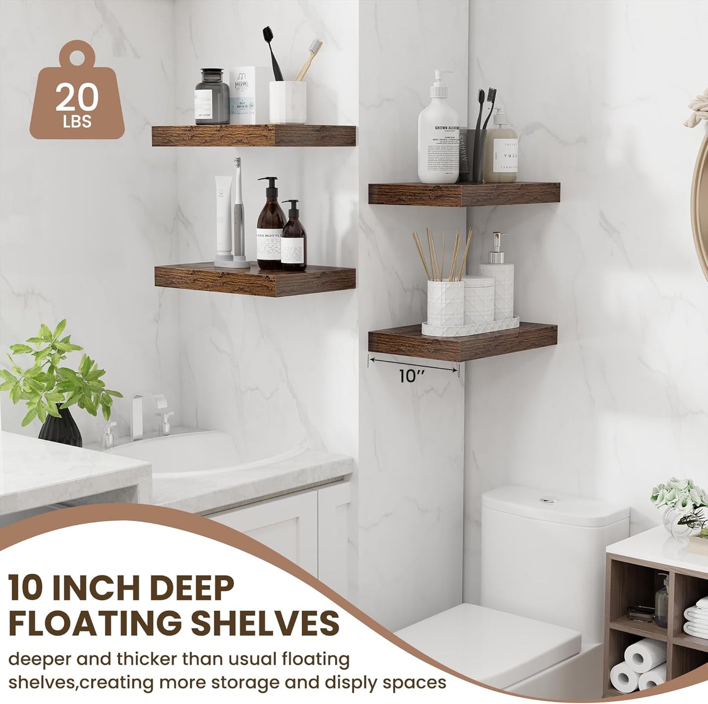 Fun Memories Wood Floating Shelves 16 Inch, 10 Inch Deep Shelves Wall Mount, Wall Shelves with Invisible Bracket, 16" Floating Shelves for Living Room Bathroom Bedroom, Rustic Brown, Set of 2