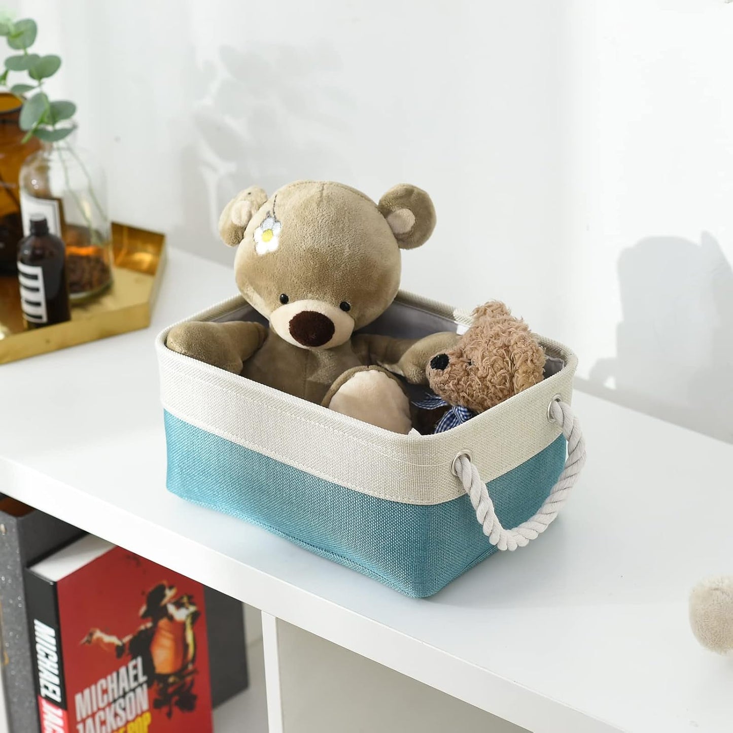 TheWarmHome Fabric Storage Bin with Handles,Storage Basket for Home Storage and Organization, Shelf Basket with Cover for Living Room Bedroom Decor Closet（White & Green,Small ,11.8L×7.9W×5.2H