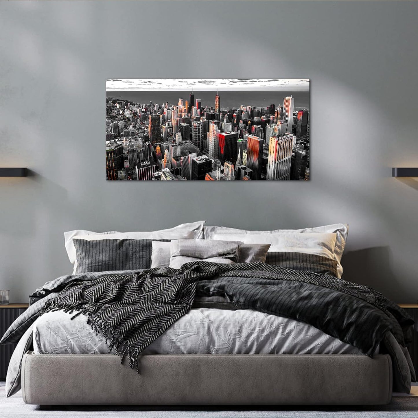 Nachic Wall Black and White Chicago Canvas Print Art Modern Chicago Downtown at Sunset Pictures Painting Modern Cityscape Giclee Artwork for Home Office Living Room Bedroom Decoration 24x48Inches