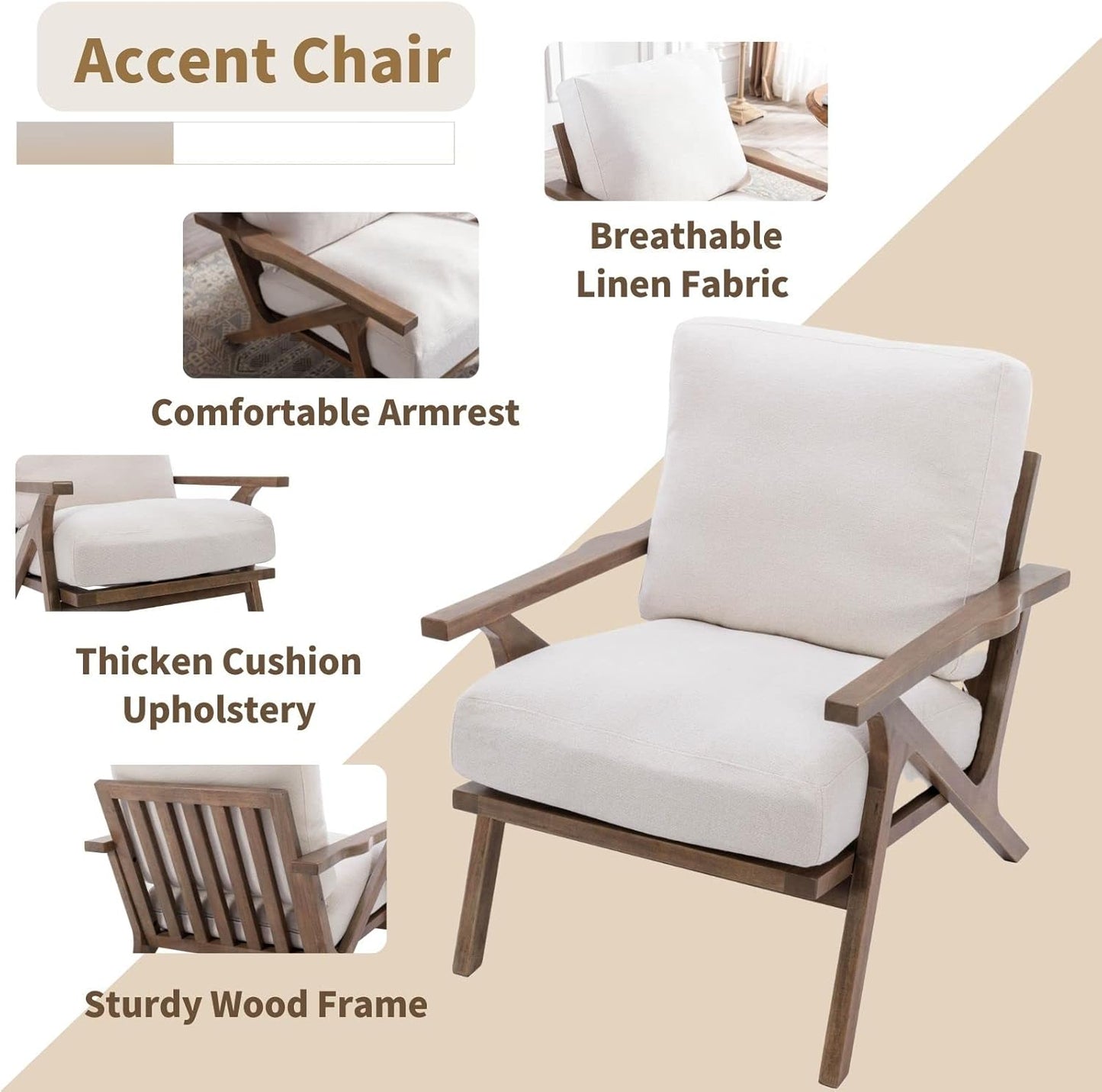 Mid Century Modern Accent Chair with Ottoman, Farmhouse Linen Upholstered Living Room Armchair and Ottoman Set, 23" Seat Wide Retro Leisure Lounge Chair with Wood Frame for Home, Bedroom, White