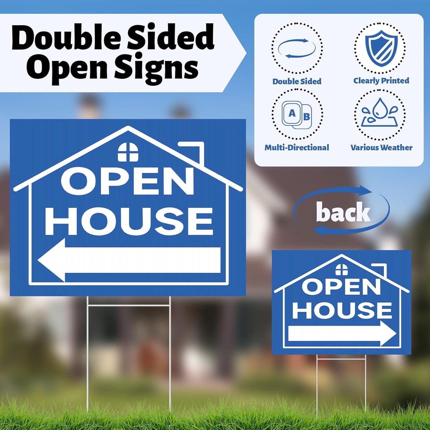 44 Pcs Open House Signs for Real Estate Agent Supplies, Double Sided Open House Flag Kit for Outside, 7.6 x 5.4 Ft Blue Banner Flag Poles Set with Directional Arrows Yard Sign Stakes Balloons