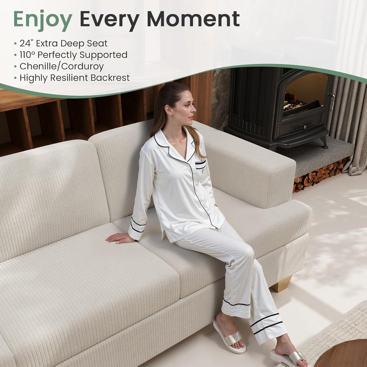 89" White Corduroy Sofa for Living Room, 3 Seater Cloud Couch, Deep Seat Floor Couch for Bedroom, Futon Modern Sofa Bed, White Corduroy