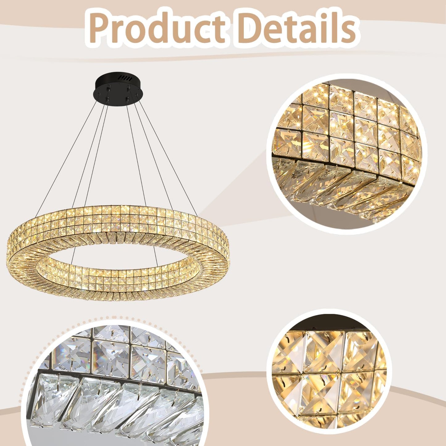 Dia 32" Ring Crystal Chandelier Modern Black Ring Chandelier Adjustable Height Luxury Crystal Pendant Ceiling Light Fixture for Dining Living Room Bedroom