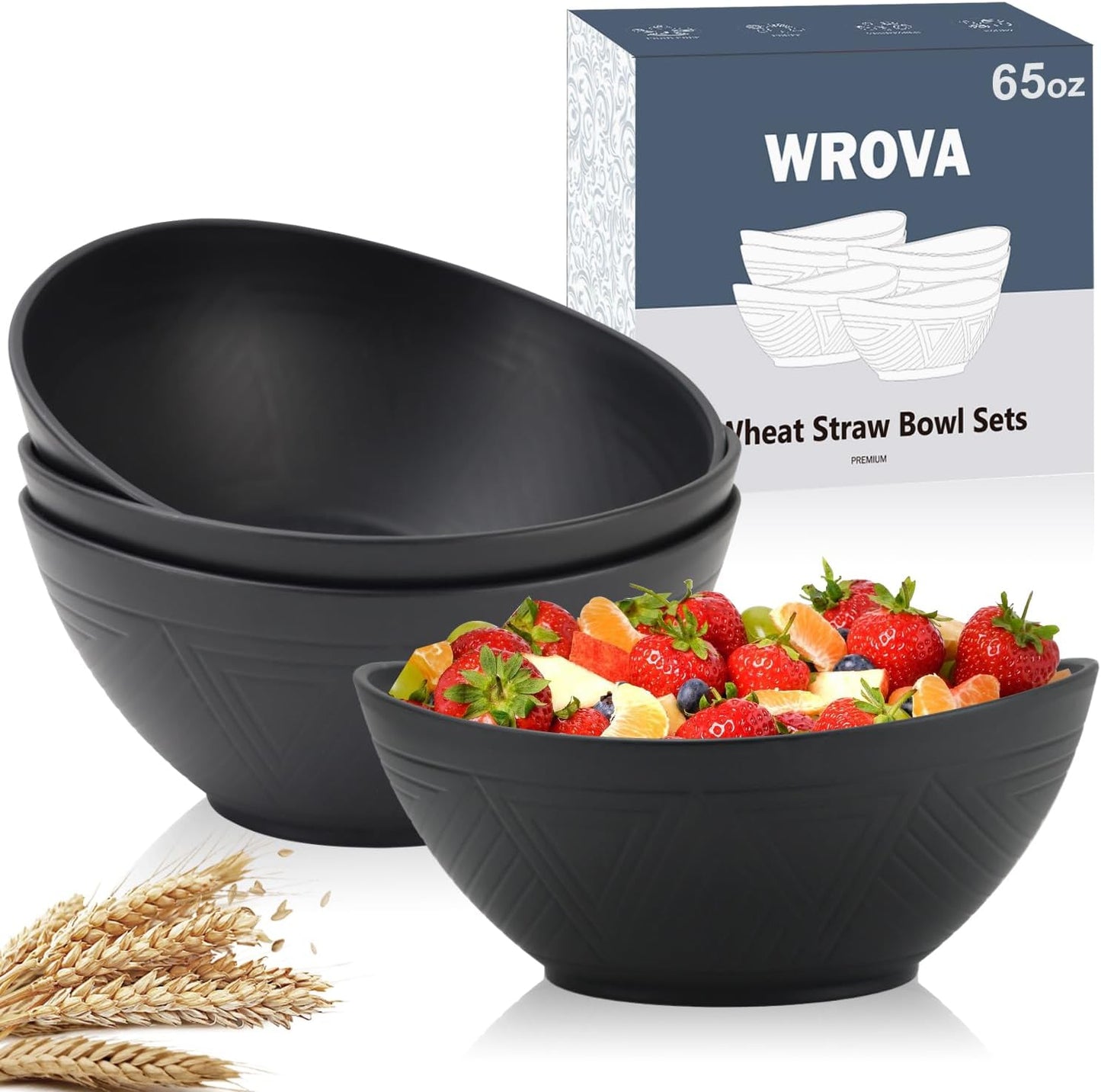 65oz Large Salad Bowls Black - Wheat Straw Salad bowls Set of 4 - Unbreakable Salad Bowls Dishware & Microwave Safe - BPA Free Bowls for kitchen,camping