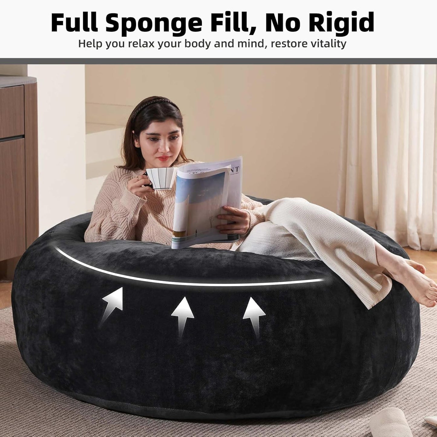 4FT Large Bean Bag Chairs,Big Adult Size Memory Foam Beanbags with Filler Included,Machine Washable Corduroy Cover,Ultra Soft Plush Gaming Bing Bag Puff Chair for Dorm, Living Room & Bedroom (Black)