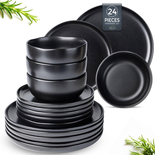 AmorArc Ceramic Dinnerware Sets, Wavy Rim Stoneware Plates and Bowls Sets, Highly Chip and Crack Resistant | Dishwasher & Microwave & Oven Safe Dishes set, Service for 8 (24pc)