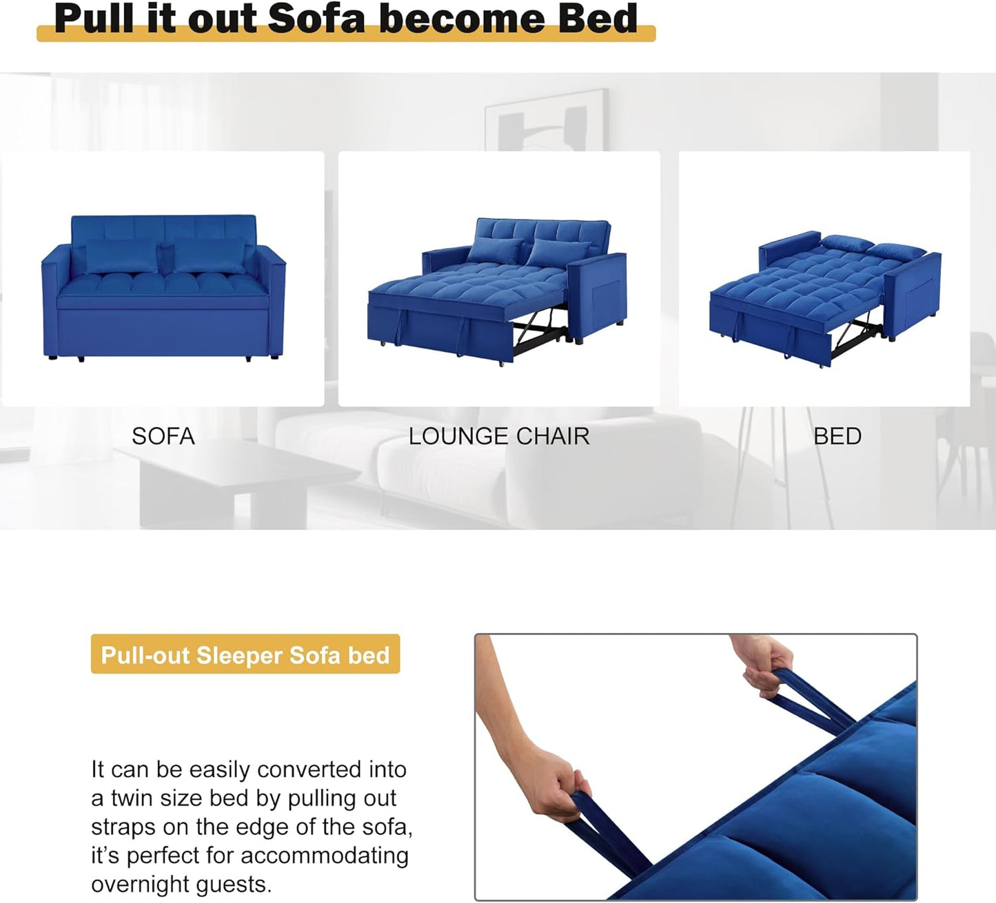 3 in 1 Sleeper Sofa Bed, Futon Sofa Bed for Living Room with Side Pocket, Blue Sleepers Sofas Couch with Pullout Beds, Convertible Love Seat Sleepers couch for Living Room, Bedroom, Small Space
