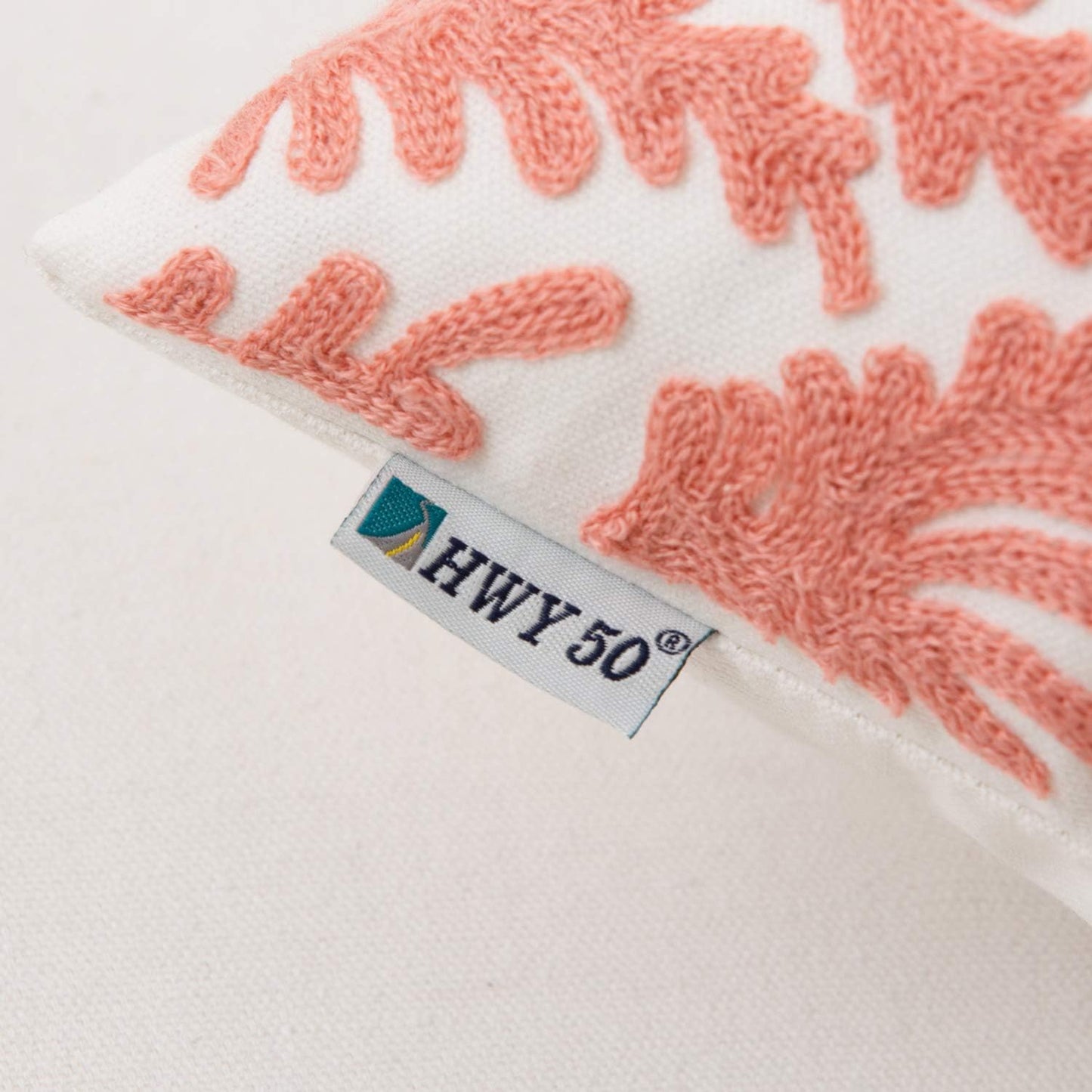 HWY 50 Coral Pink Decorative Throw Pillow Covers 18x18 Inch (1 Piece), Embroidered Cotton Farmhouse Cushion Cover Pillow Case for Sofa Couch Living Room Bed Bedroon, Floral Branches