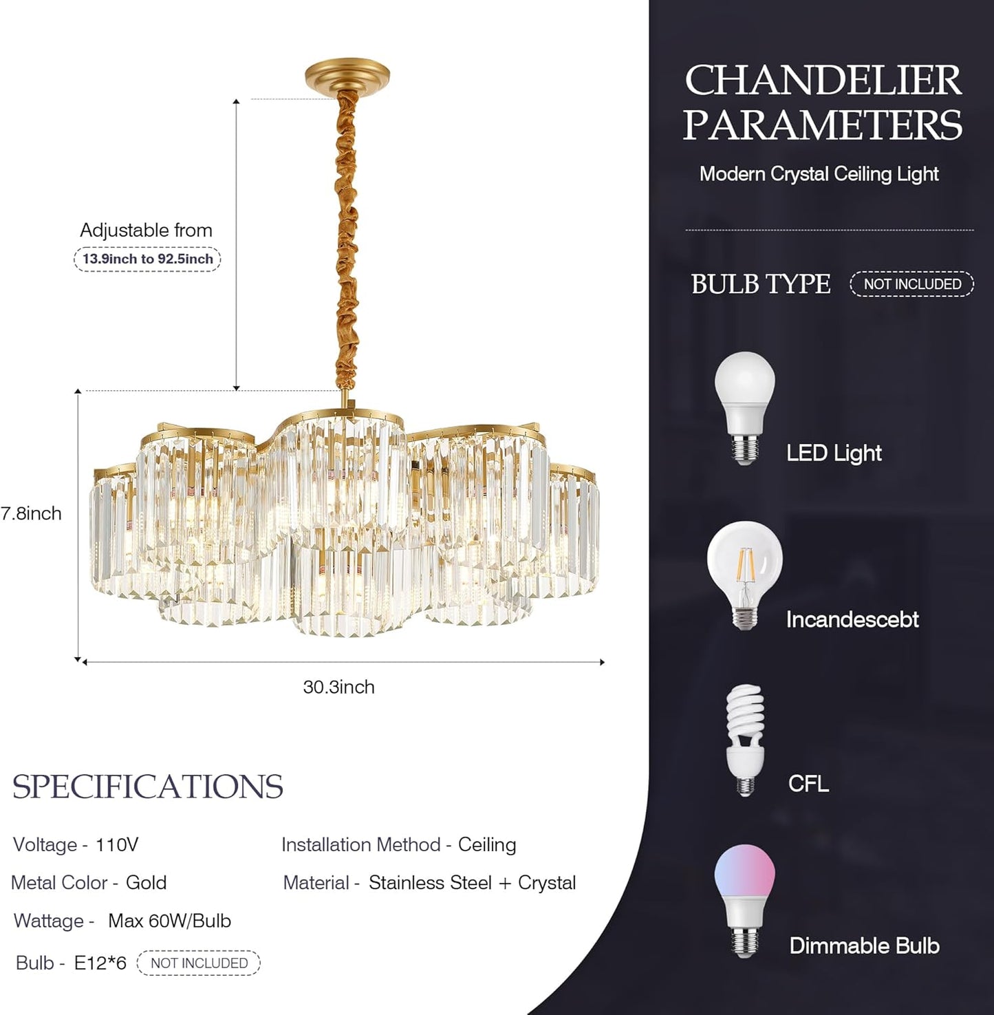 30.3“ Gold Semi Flush Mount Ceiling Light Fixtures, 8-Light Gold Modern Crystal Chandelier Height Adjustable Pendant Lighting for Bedroom Entryway Hallway Kitchen Island Living Room Foyer