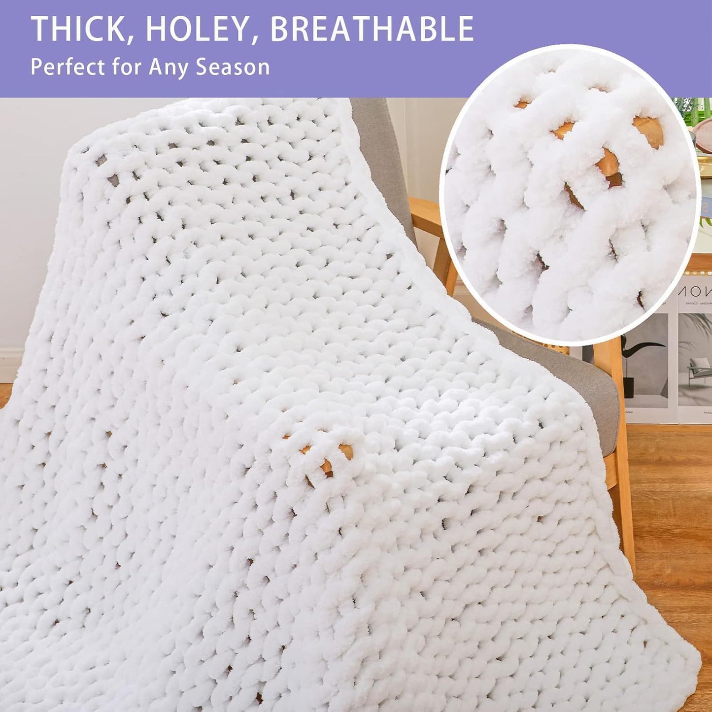 Bigacogo Chunky Knit Throw Blanket for Couch, 51x63 inches, 100% Hand Knitted with Thick Jumbo Chenille Yarn, Cozy Soft Large Rope Knot Cable Crochet Blankets for Sofa Bed Living Room, White