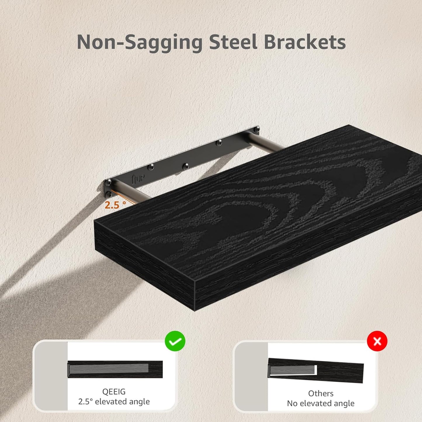 QEEIG Floating Shelf for Wall Bathroom Shelves Bedroom Kitchen Living Room Farmhouse Small Book Shelf 16 inch Set of 1, Black (015-B1)