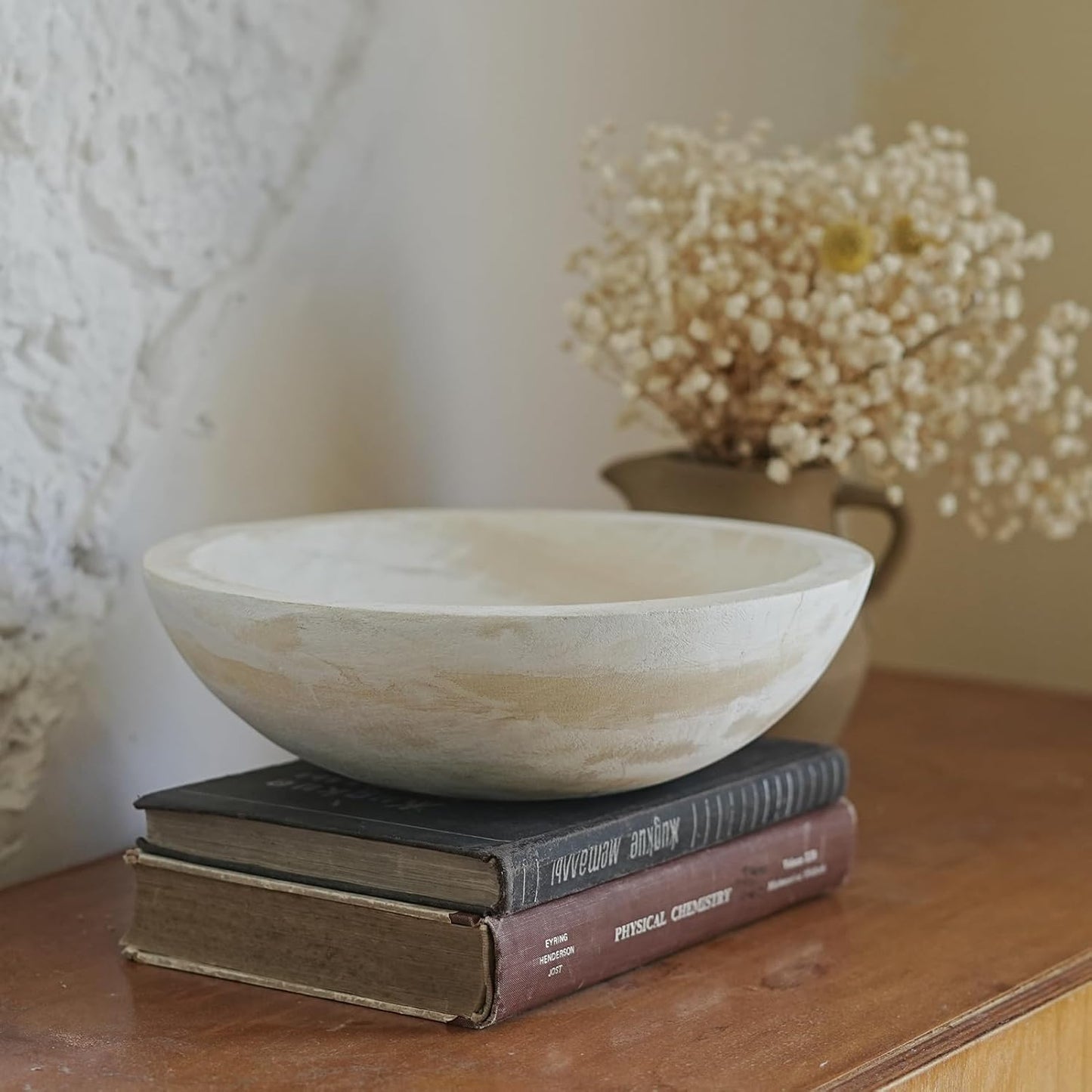 Hand Carved Wooden Decorative Bowl for Home Entryway Decor, Wood Centerpiece Bowl for Coffee Table Decor, Wood Dough Bowl for Farmhouse Decor (Whitewashed)