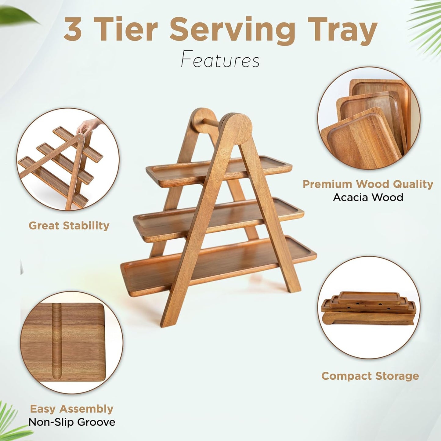 MAJURI 3 Tier Wooden Serving Tray, Set of 2 Tongs Free, Tiered Serving Trays & Platters for Party, Wedding, Picnic, Your Perfect Elevated Charcuterie Stand and for 3 Tiered Dessert Stand Lovers