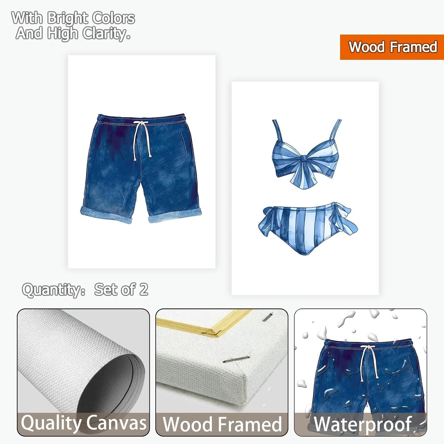 Liyark Set of 2 Retro Navy Blue And White Swimsuit Art Posters Beach Bathing Suit Prints Painting Beach House Wall Art Coastal Wall Decor Pictures For Bathroom Home Decoration 12x16in Framed