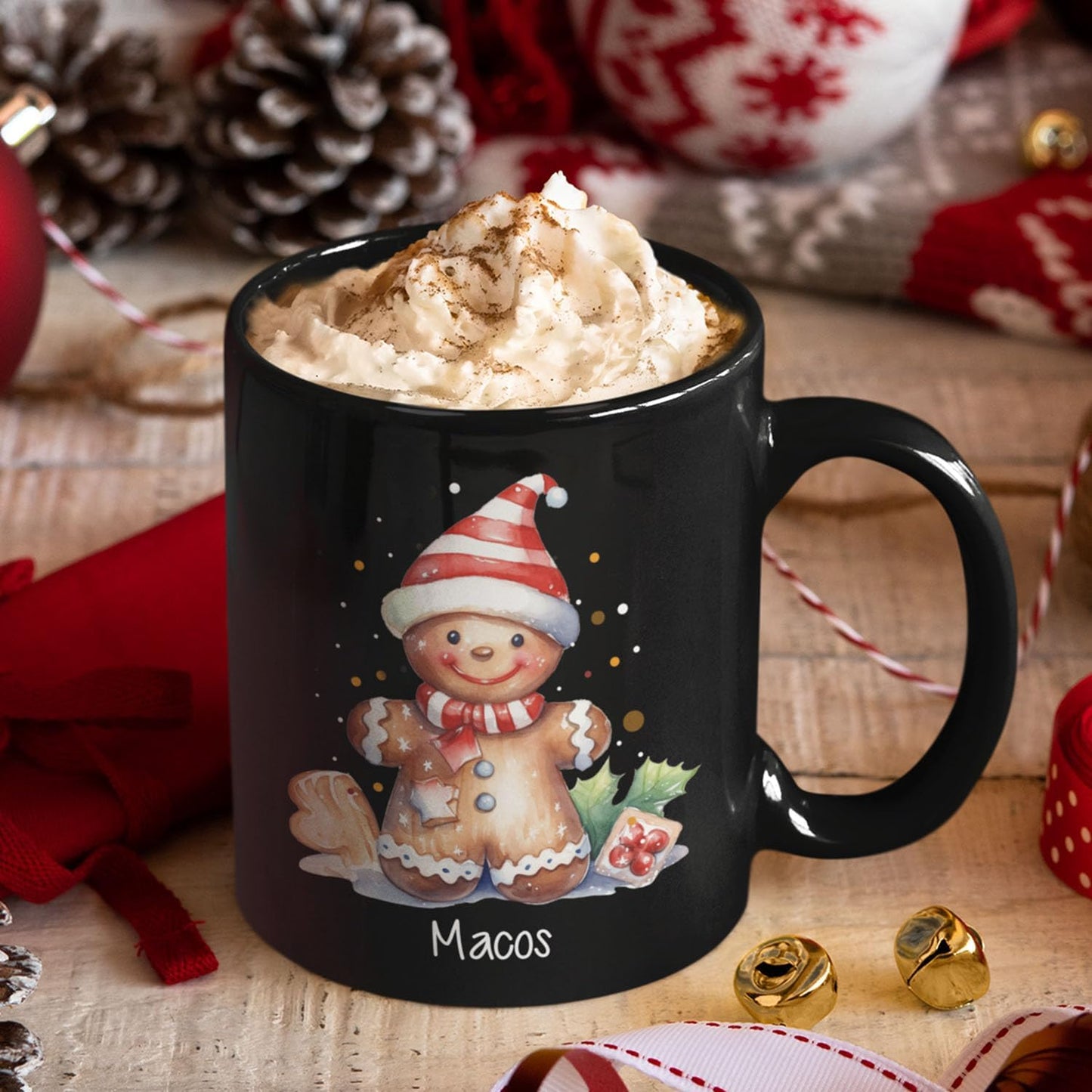Watercolor Christmas Gingerbread Design Mug, Custom Gingerbread Lover Black Cup, Customized Christmas Coffee Mug With Name, Gift For Boy Girl, Personalized Gingerbread Lover Cup 11oz 15oz