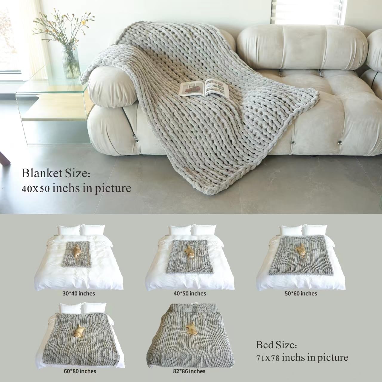 Maetoow Chenille Chunky Knit Blanket Throw （40×50 Inch）, Handmade Warm & Cozy Blanket Couch, Bed, Home Decor, Soft Breathable Fleece Banket, Christmas Thick and Giant Yarn Throws, Cream