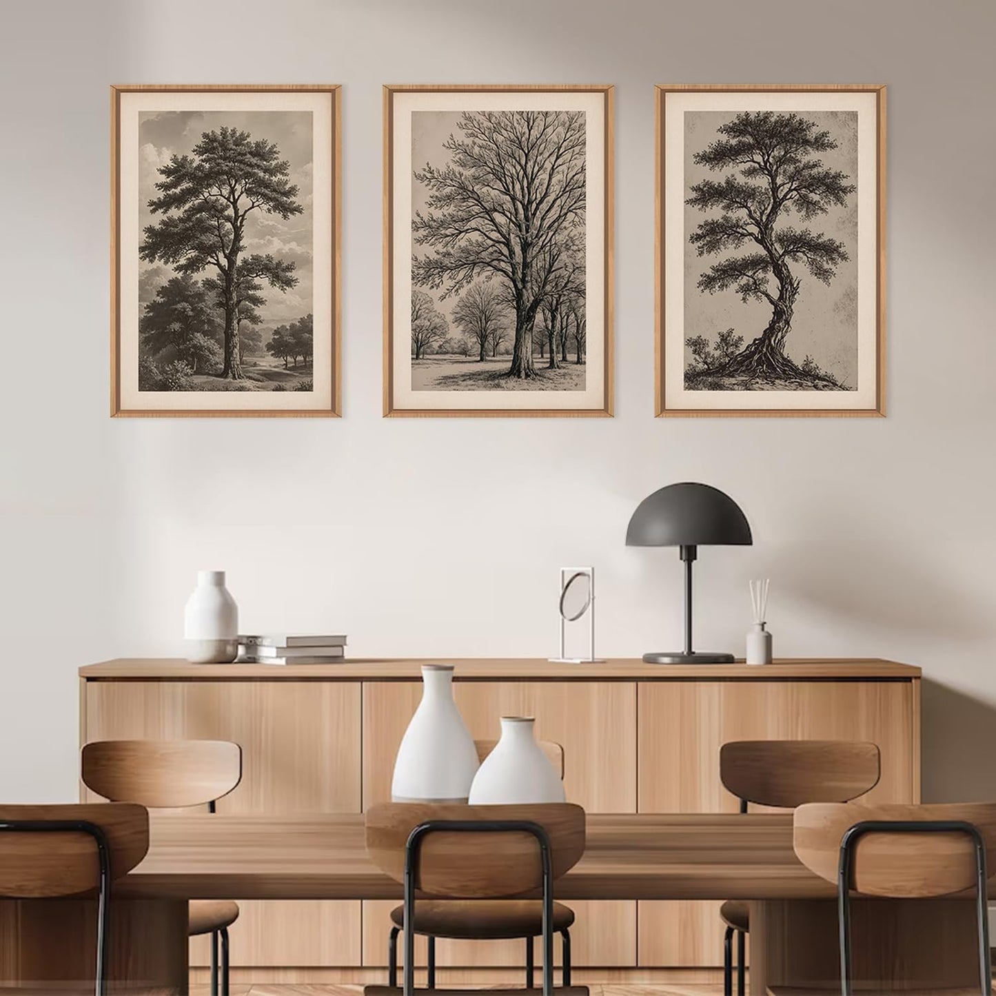 HPINUB Vintage Sketch Tree Framed Canvas Wall Art Set,Modern Nature Botanical Wall Decor, Antique Wilderness Tree Artwork,Minimalist Neutral Art Prints for Living Room,Bedroom,Farmhouse-24 x36 x3