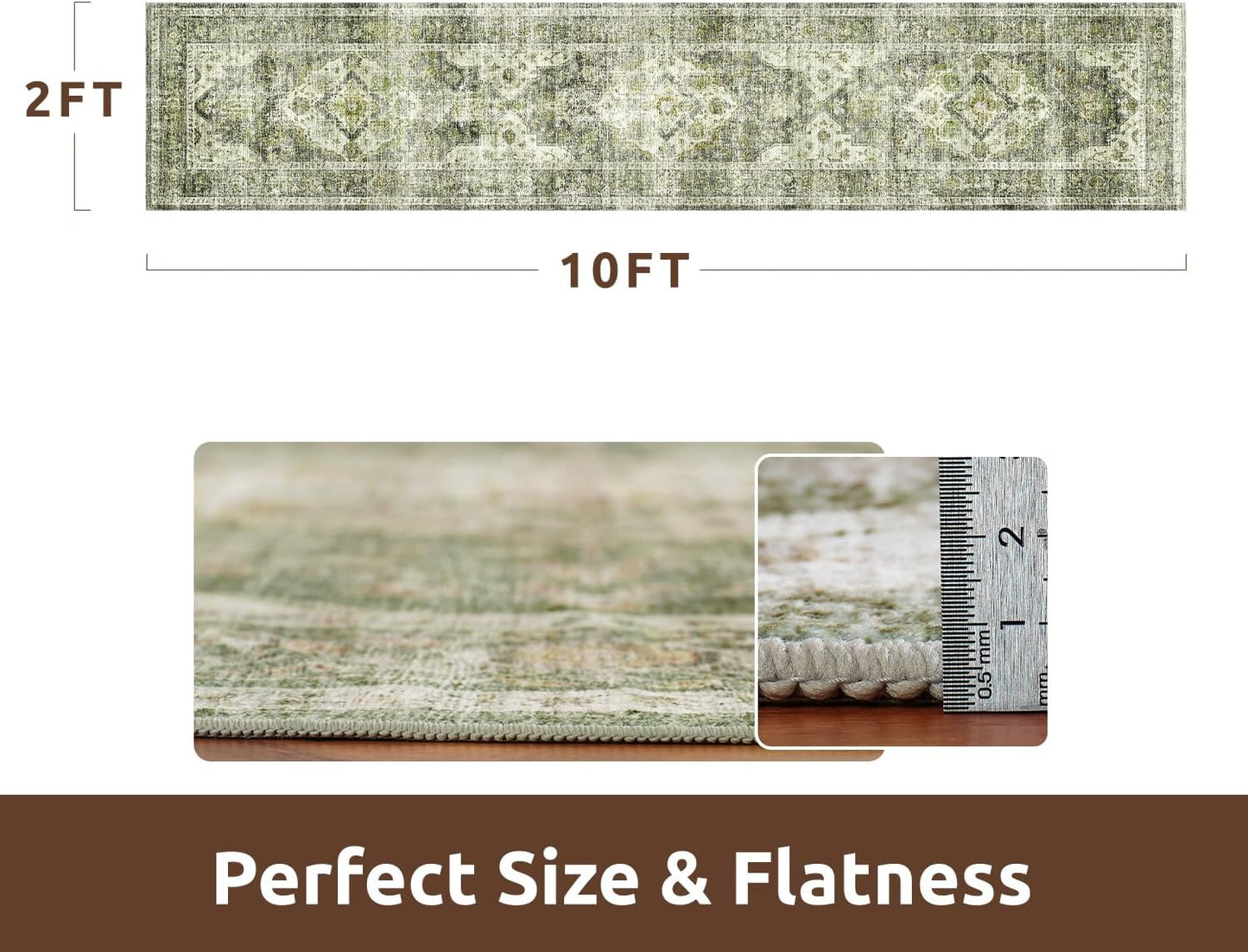 AMOAMI-2X10 Runner Rug-Washable Runners for Hallways-Soft Non Slip Bedside Rugs for Bedroom-Vintage Long Rug for Hallways Entryway Laundry Room Stair Kitchen Bathroom Green