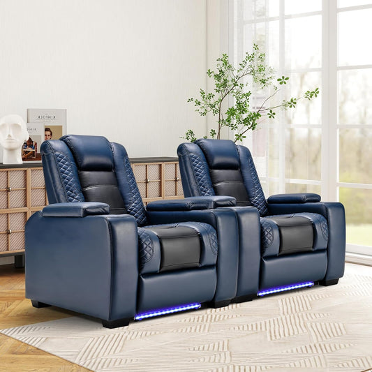 ANJ Power Home Theater Seating Set of 2, Blue Faux Leather Electric Recliner Chair with Powered Headrest, Dual Motors Movie Reclining Chairs with LED Lights,USB Port,Cup Holders, Hidden Arm Storage