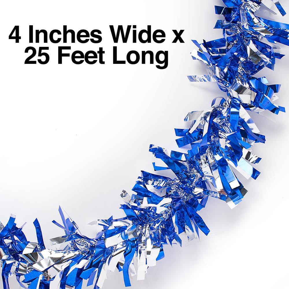 Anderson's Blue & Silver Metallic Tinsel Twist for Trailer Or Golf Cart, 4 inches Wide x 25 ft Long, Christmas, Birthday, Patriotic, Graduation and Holiday Garland Decor for Parties and Parades