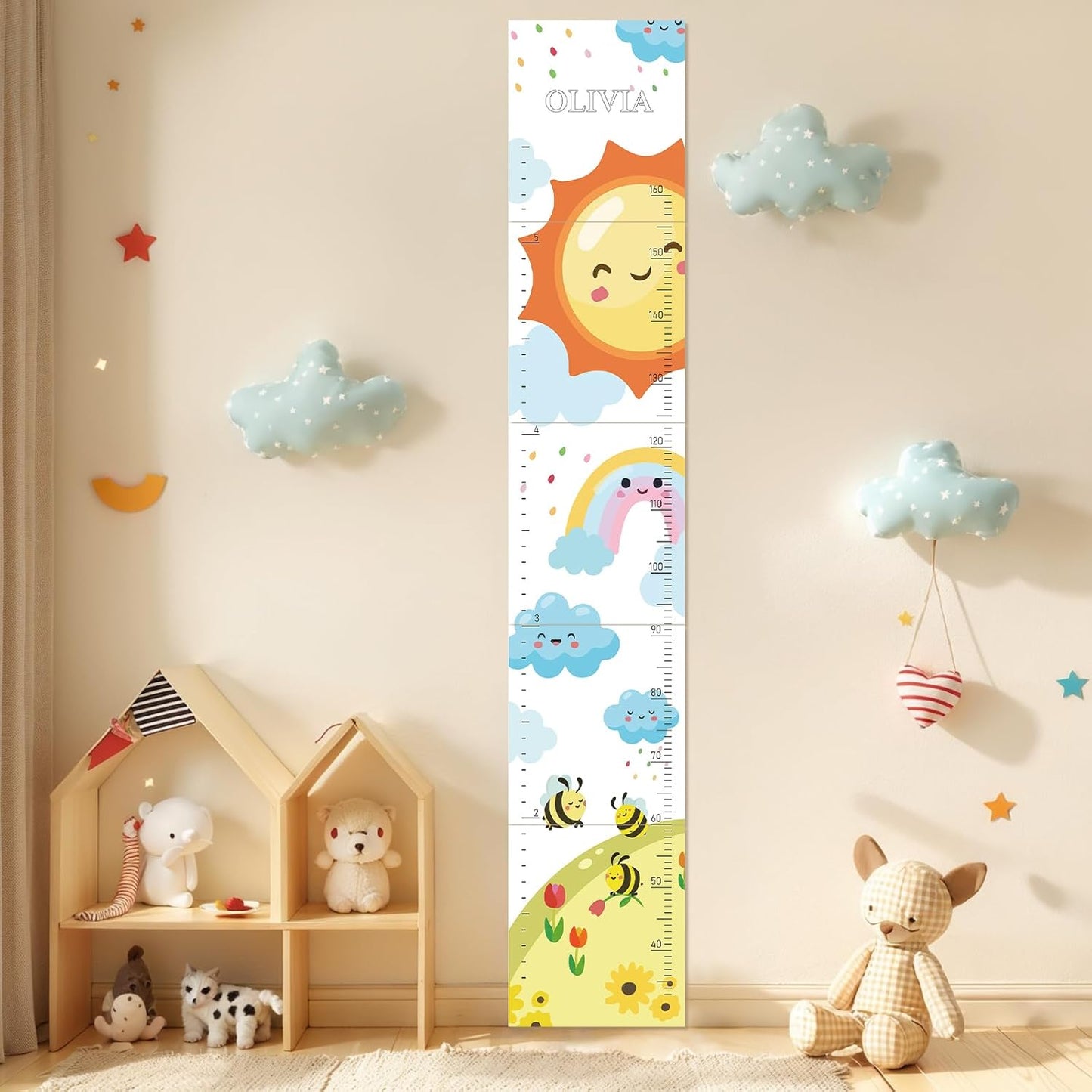 Personalized Name Growth Chart for Wall, Sun Rainbow Height Chart for Kids, No-Drill Growth Chart for Wall, Perfect as Kids Room Decor & Thoughtful Birthday Gift for Boys and Girls