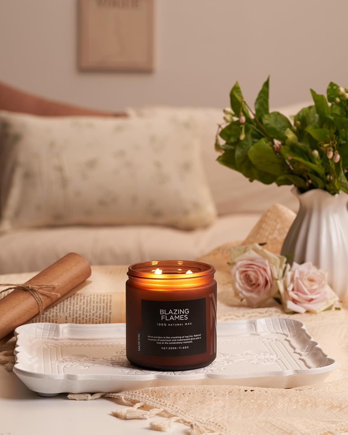 M&SENSE Blazing Flame Scented Candles with Log Fire - Cade & Patchoulli Scent, 70 Hours 11.6oz Natural Soy Wax for Home Decor Housewarming Gift, 2 Cotton Wick Candle for Celebration