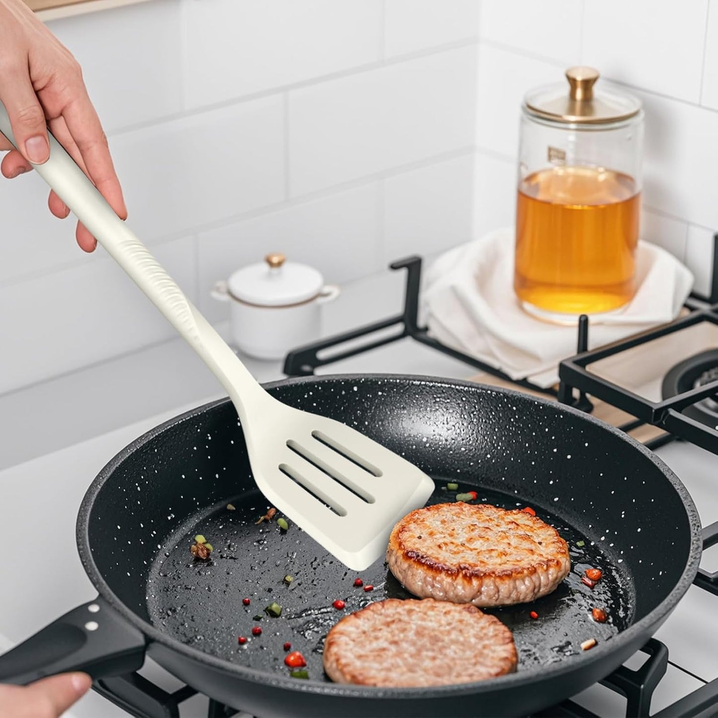 Silicone Cooking Utensils Set - 600°F Heat Resistant, Nonstick Kitchen Utensil Set with Spatulas, Spoons, Whisk, Tongs, BPA Free, Dishwasher Safe, Cream White