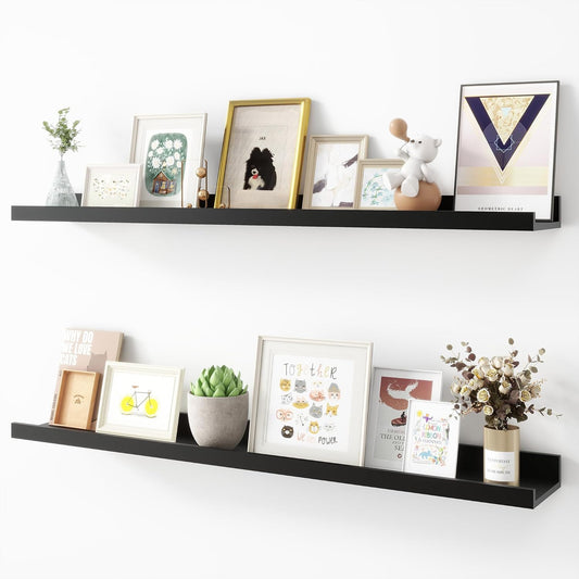 Picture Ledge Shelf, Wood Floating Shelves Set of 2, 36 inch Picture Ledge Shelves, Photo Ledge Nursery Book Shelves Wall Mounted for Living Room Kids' Room Bedroom, Color Black