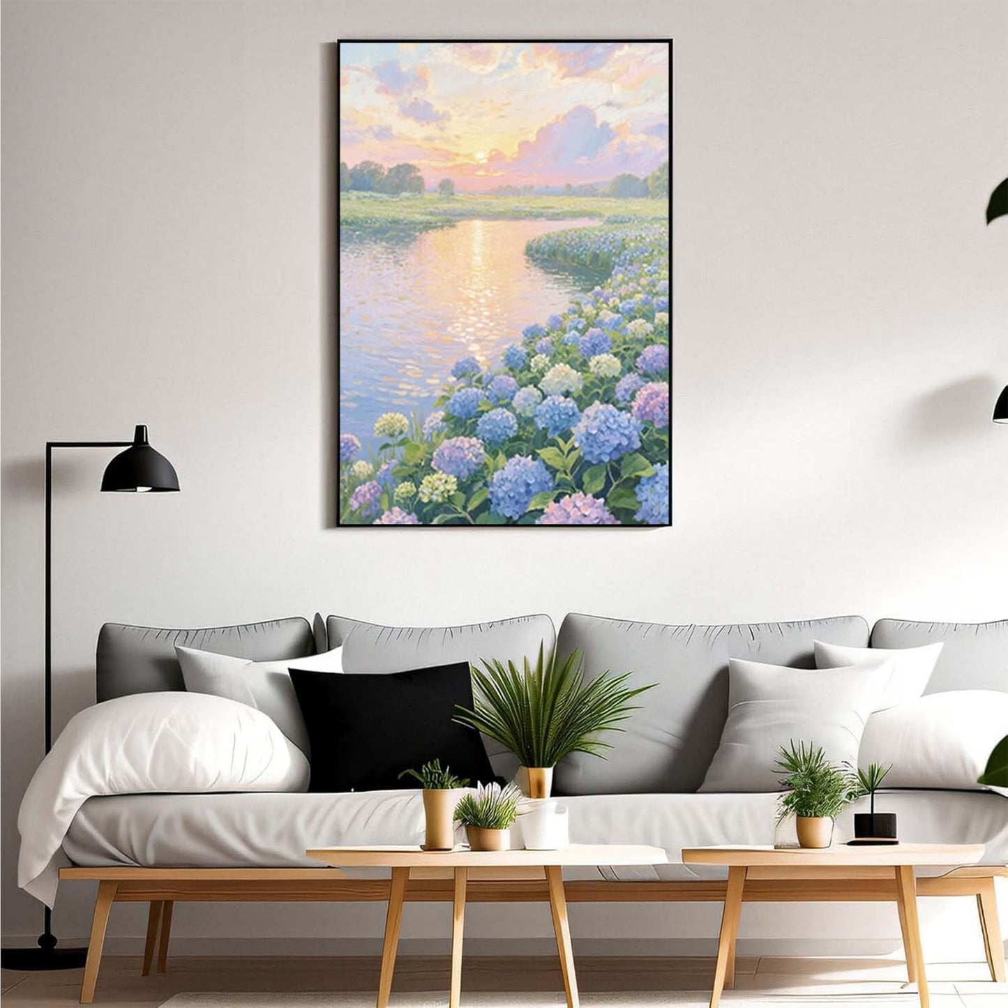 The hydrangea scenery all over the lake at sunset is suitable for posting in the living room bedroom office landscape poster wall painting
