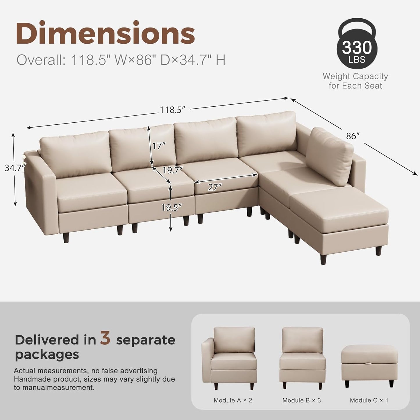 118.5" Faux Leather Modular Sectional Sofa, L Shaped Couch Set for Living Room, 6-Seater Comfy Cloud Couches with Movable Storage Ottoman Whitesand